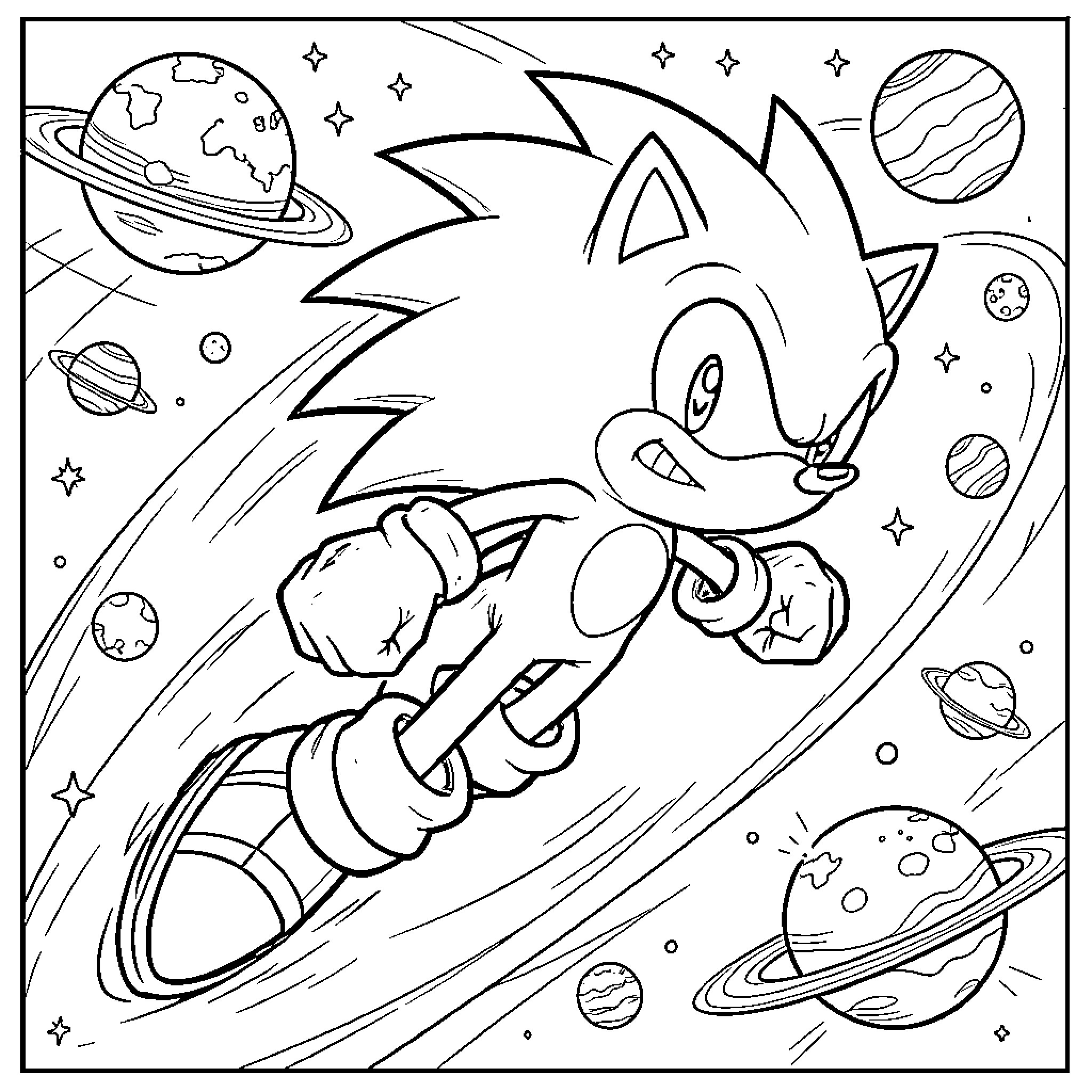 Sonic running fast through outer space among planets Coloring Page (free black-and-white line drawing printable PDF for all, from beginners to advanced learners, including children, teens, adults, and seniors)