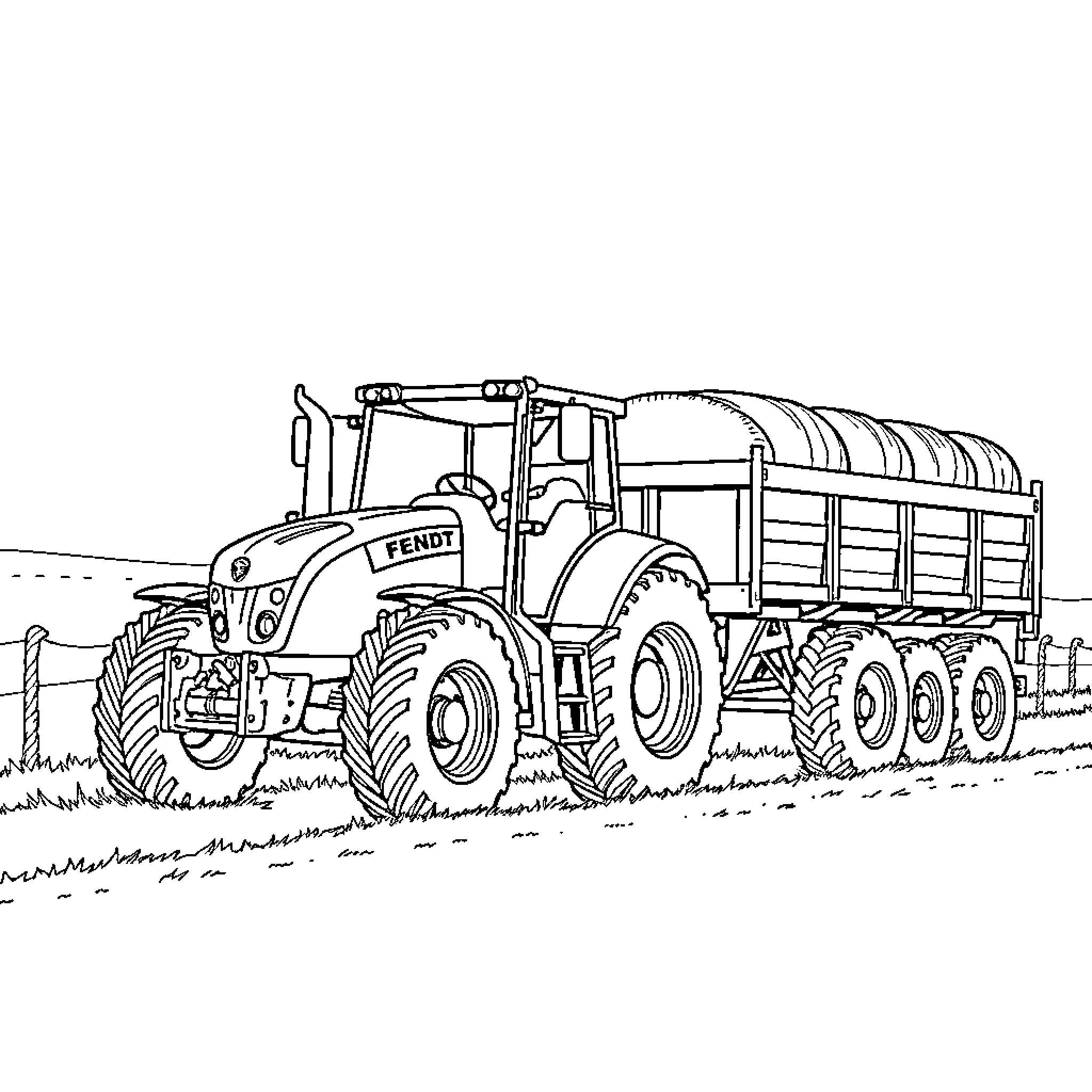 Fendt tractor hauling agricultural equipment on a farm Coloring Page (free black-and-white line drawing printable PDF for all, from beginners to advanced learners, including children, teens, adults, and seniors)