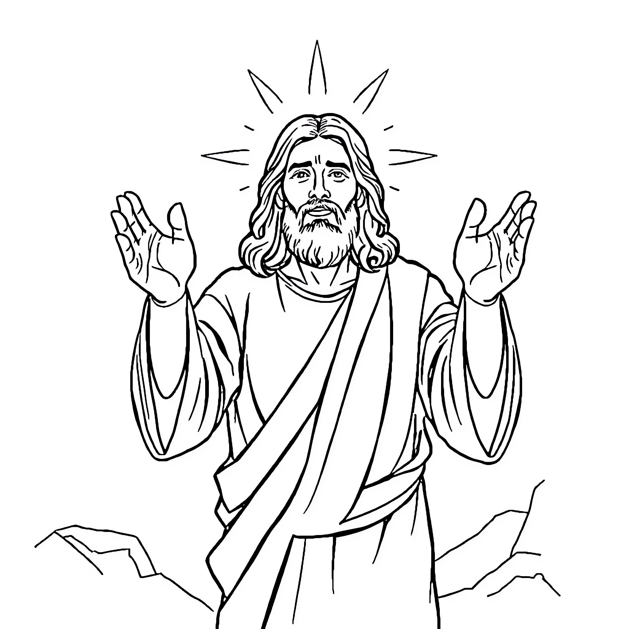 Jesus Christ Blessing with Outstretched Arms Coloring Page (free black-and-white line drawing printable PDF for all, from beginners to advanced learners, including children, teens, adults, and seniors)