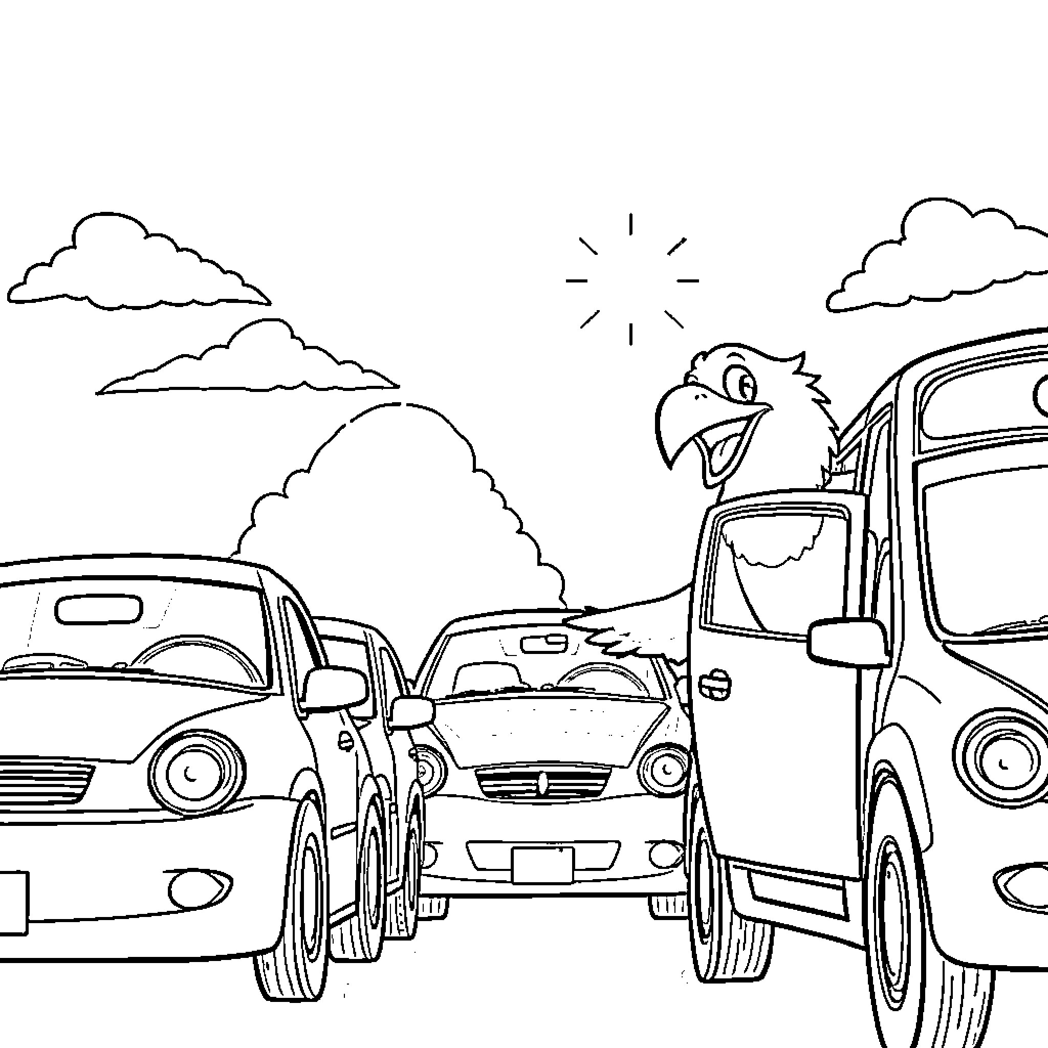 Eagle cars enjoying the open road Coloring Page (free black-and-white line drawing printable PDF for all, from beginners to advanced learners, including children, teens, adults, and seniors)