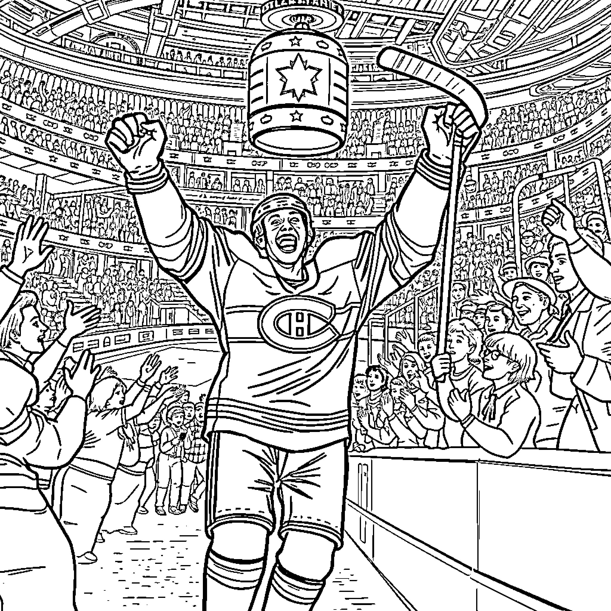 Lane Hutson Celebrates Victory in Hockey Arena Coloring Page (free black-and-white line drawing printable PDF for all, from beginners to advanced learners, including children, teens, adults, and seniors)
