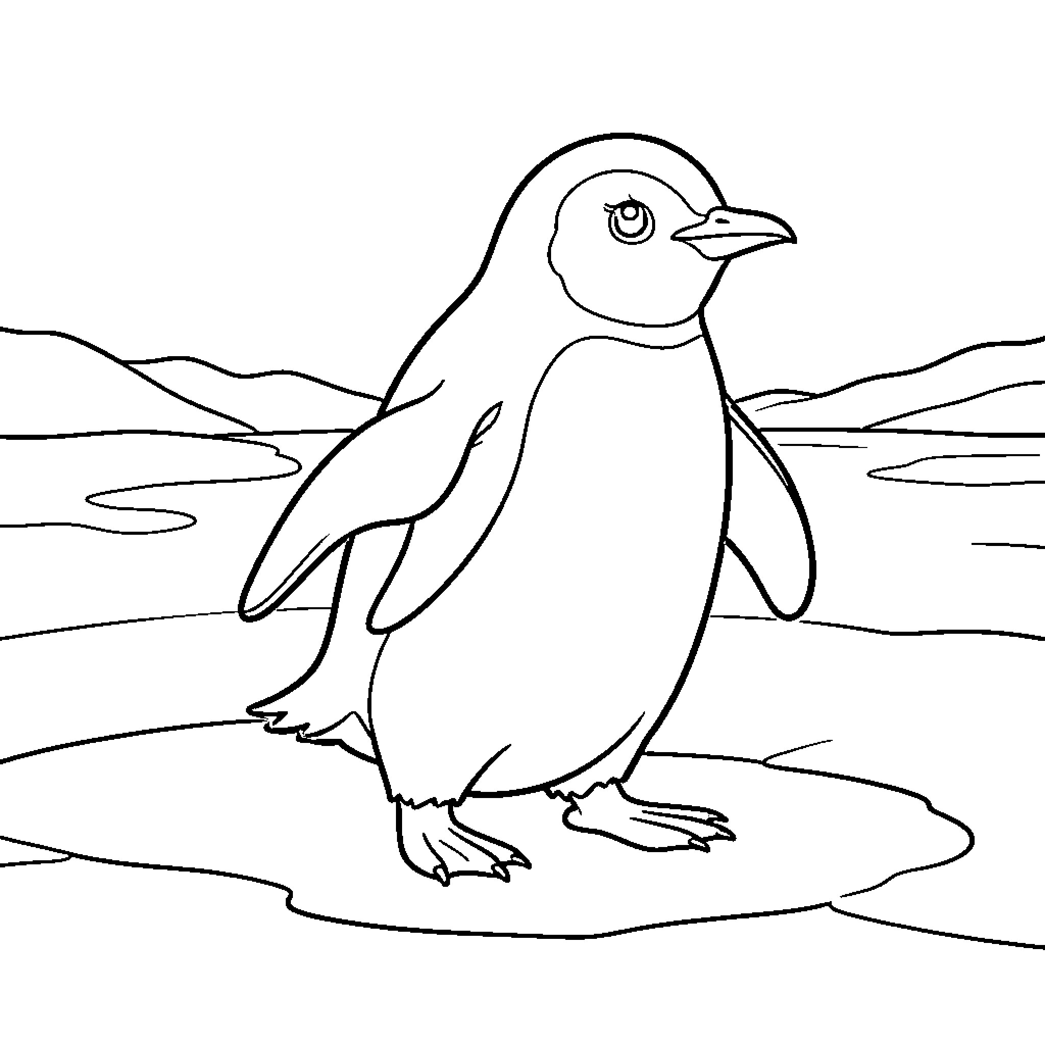 Penguin standing calmly in an icy landscape Coloring Page (free black-and-white line drawing printable PDF for all, from beginners to advanced learners, including children, teens, adults, and seniors)