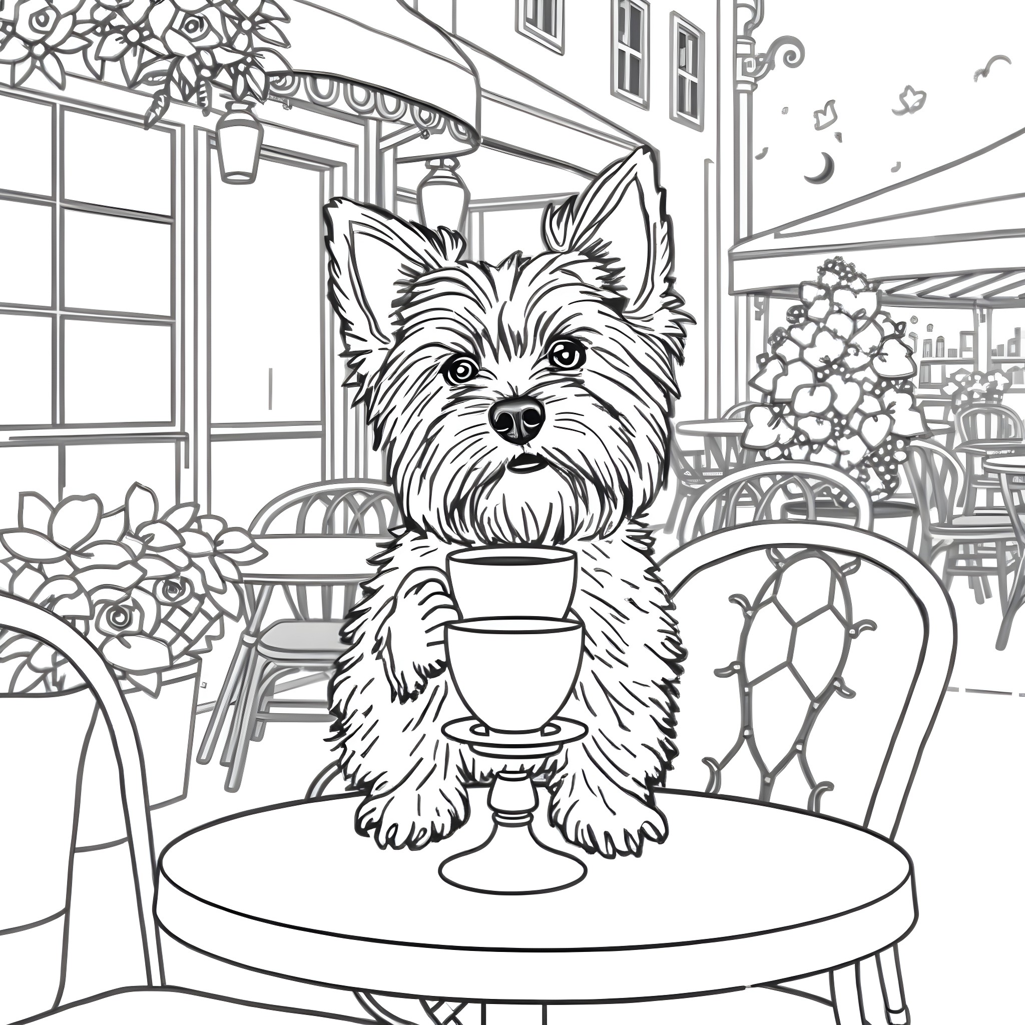 Yorkie enjoying a cozy outdoor cafe Coloring Page (free black-and-white line drawing printable PDF for all, from beginners to advanced learners, including children, teens, adults, and seniors)