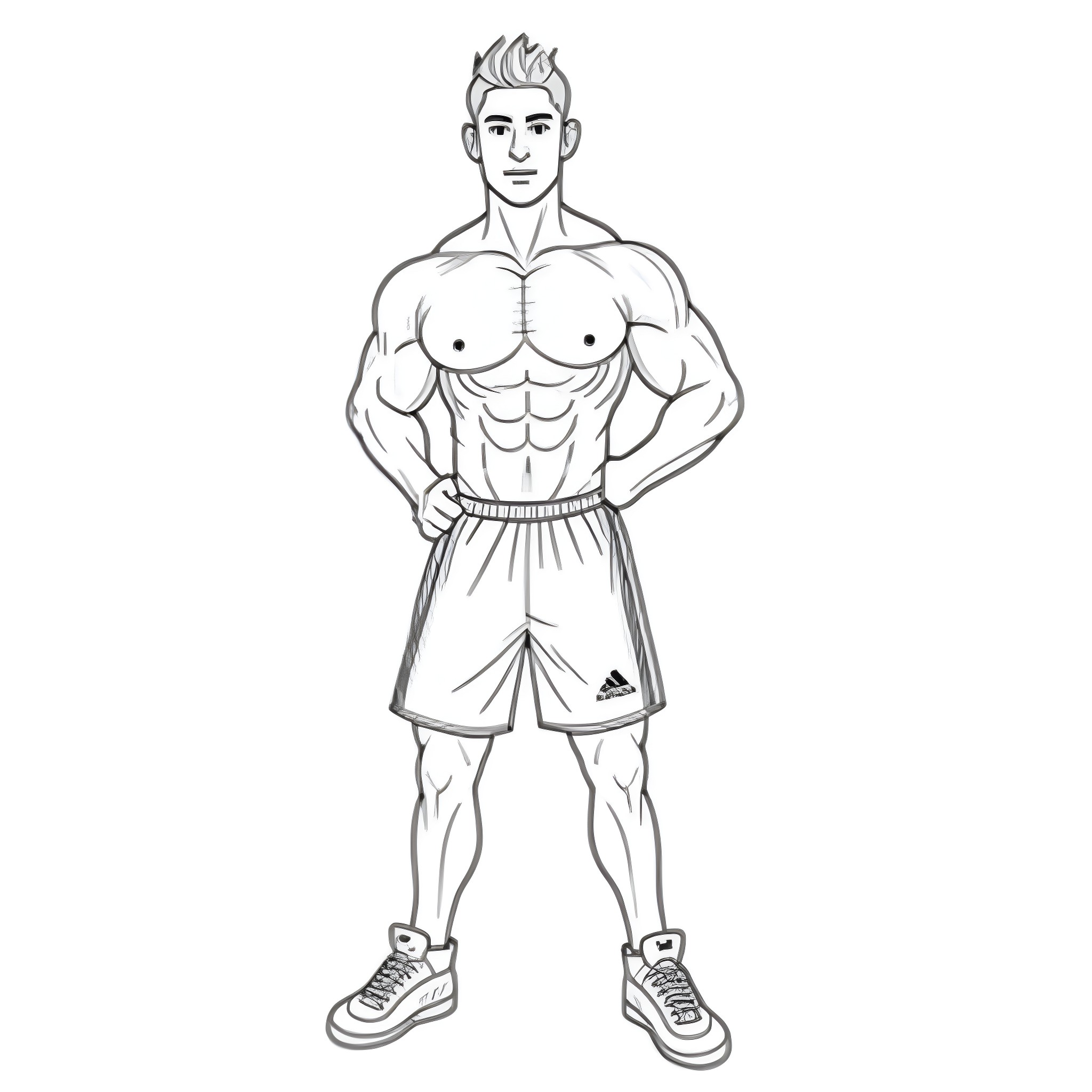 Muscle Guy Flexing in Casual Sportswear Coloring Page (free black-and-white line drawing printable PDF for all, from beginners to advanced learners, including children, teens, adults, and seniors)