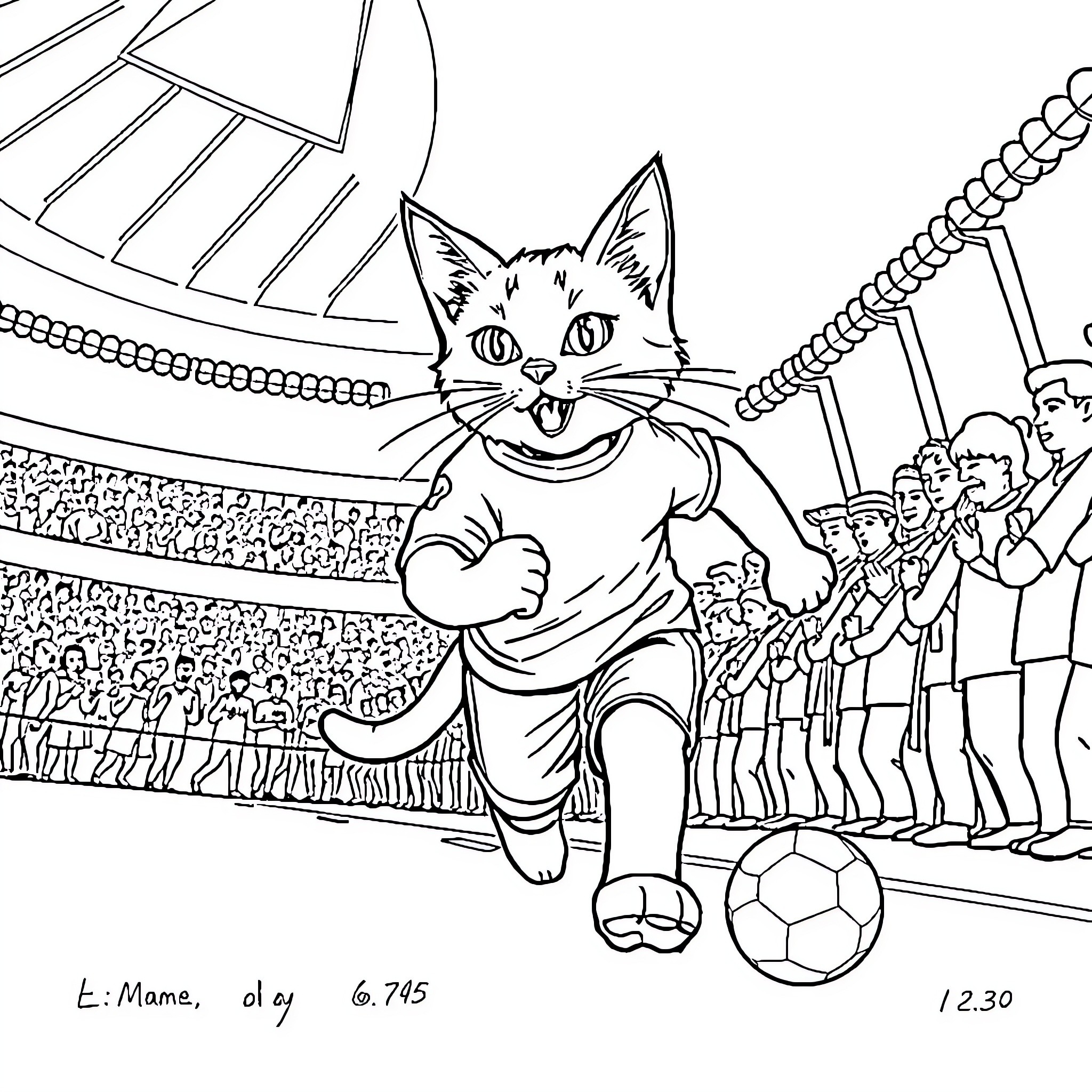 Cat playing soccer in a crowded stadium Coloring Page (free black-and-white line drawing printable PDF for all, from beginners to advanced learners, including children, teens, adults, and seniors)