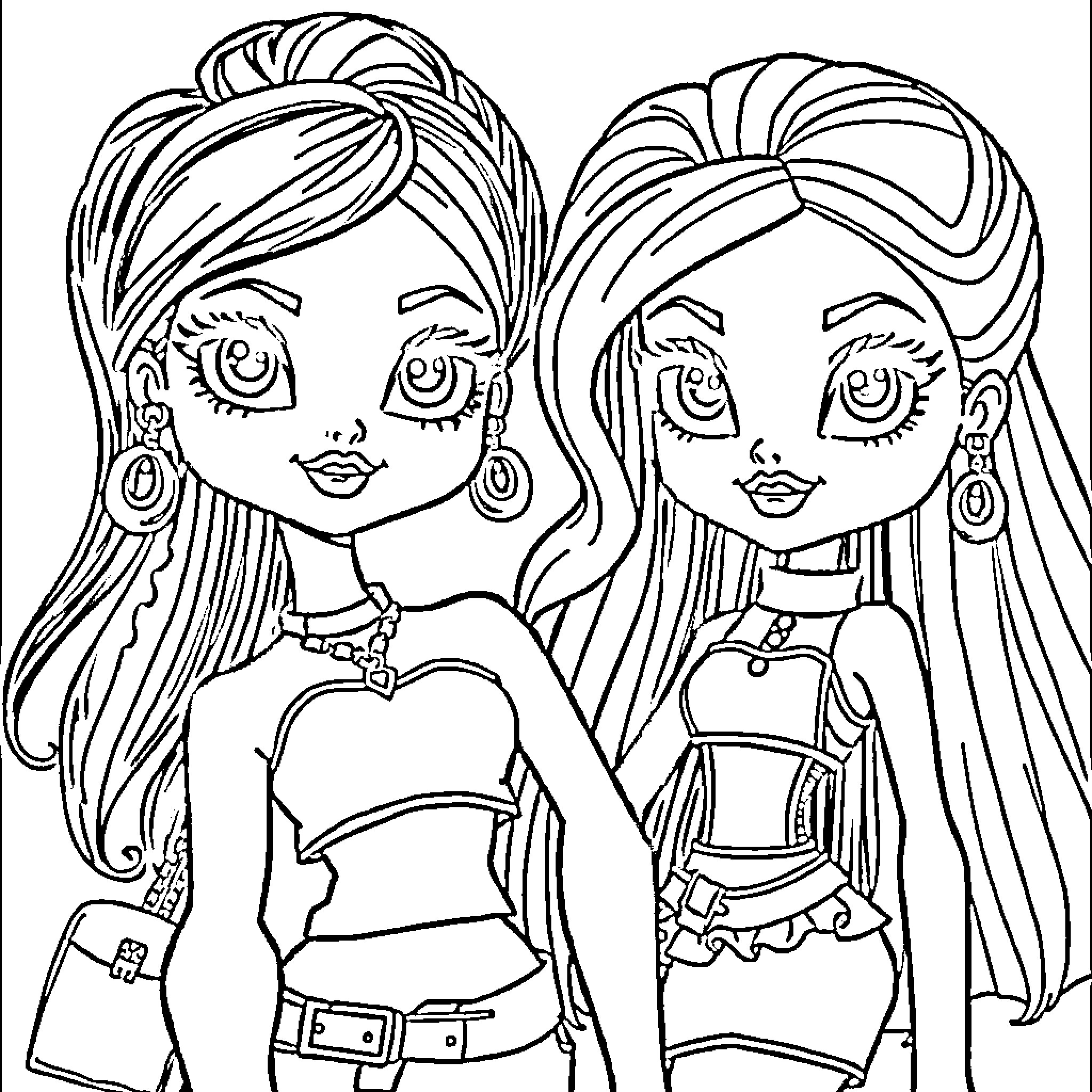 Bratz characters posing with stylish outfits and accessories Coloring Page (free black-and-white line drawing printable PDF for all, from beginners to advanced learners, including children, teens, adults, and seniors)
