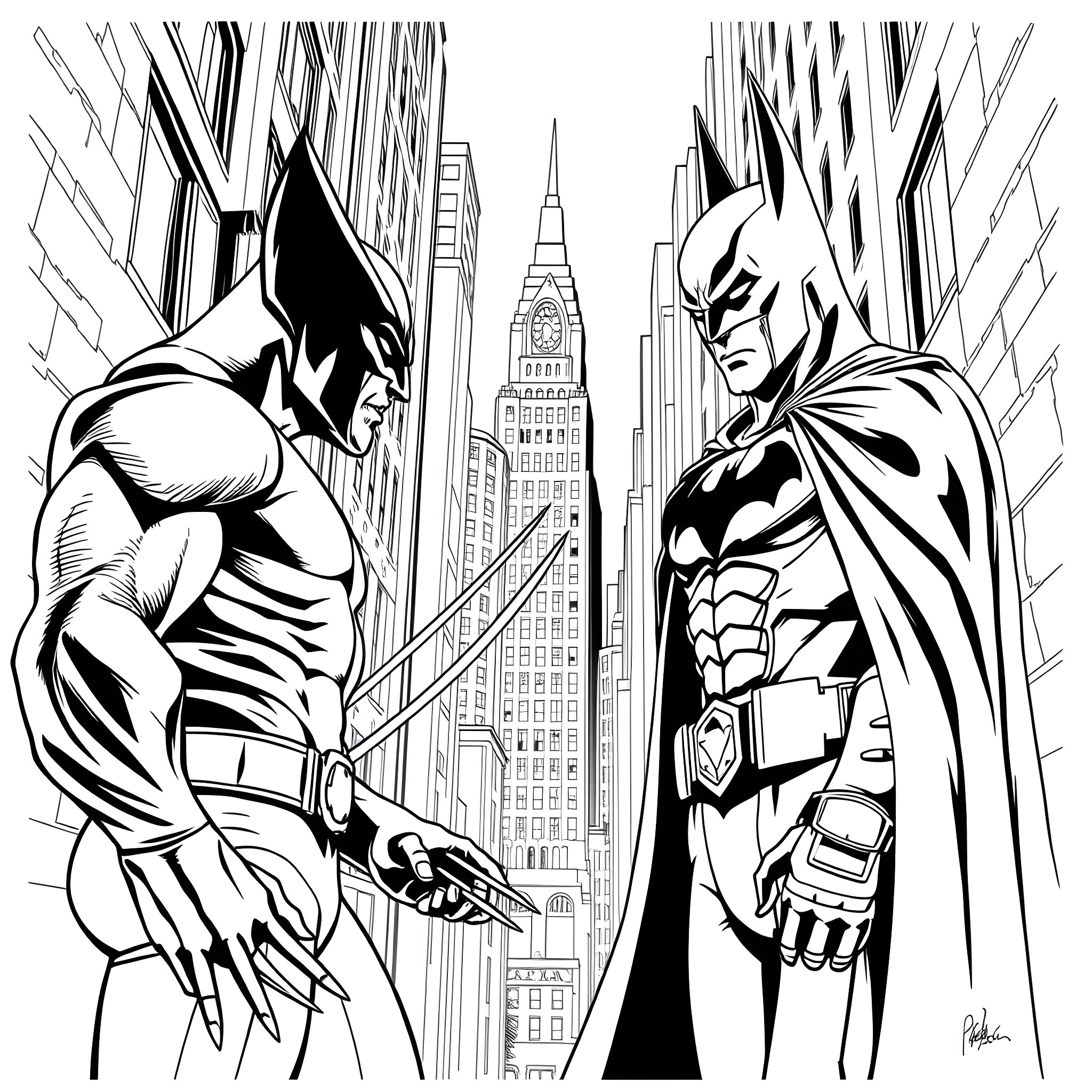 Wolverine and Batman: Superheroes in the City Coloring Page (free black-and-white line drawing printable PDF for all, from beginners to advanced learners, including children, teens, adults, and seniors)
