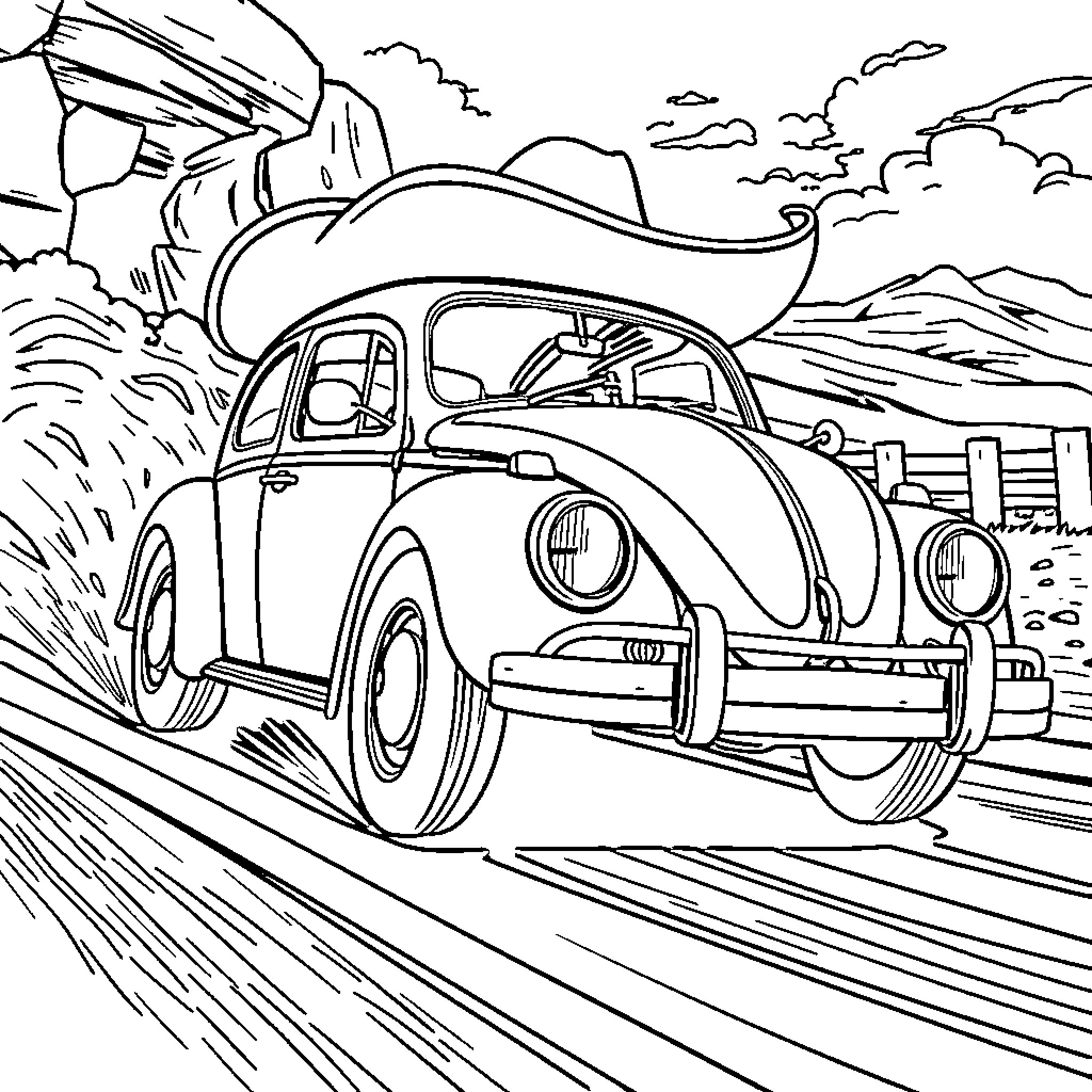 Herbie's Wild Adventure on the Open Road Coloring Page (free black-and-white line drawing printable PDF for all, from beginners to advanced learners, including children, teens, adults, and seniors)