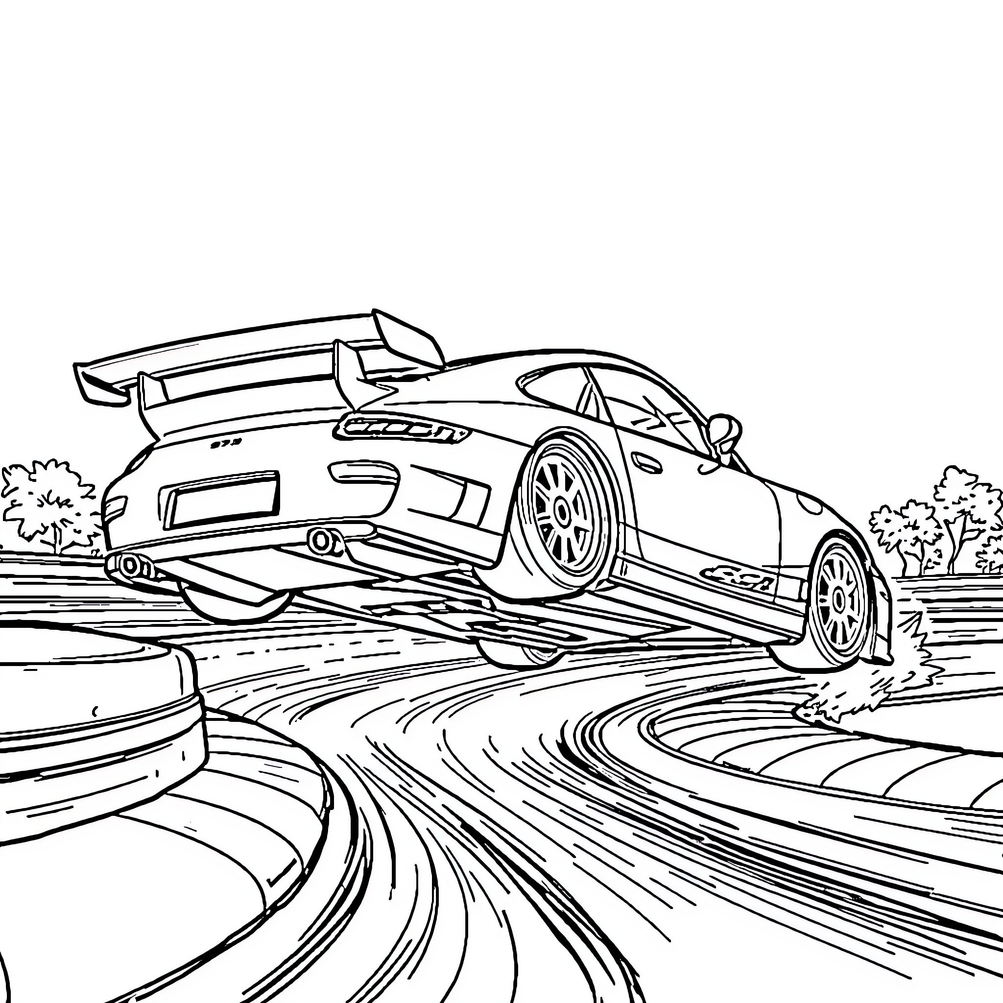 Porsche Supercar Racing on Winding Track Coloring Page (free black-and-white line drawing printable PDF for all, from beginners to advanced learners, including children, teens, adults, and seniors)