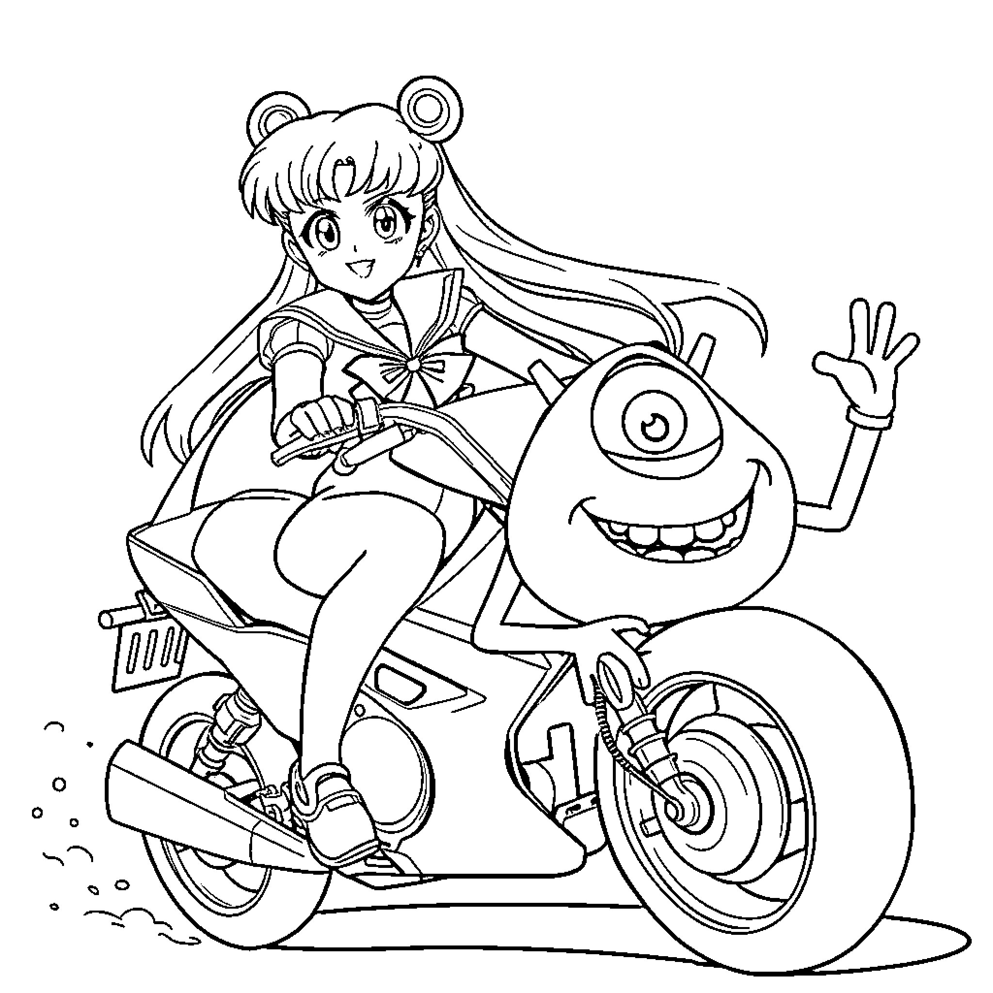 Sailor Moon riding a motorcycle with a monster Coloring Page (free black-and-white line drawing printable PDF for all, from beginners to advanced learners, including children, teens, adults, and seniors)