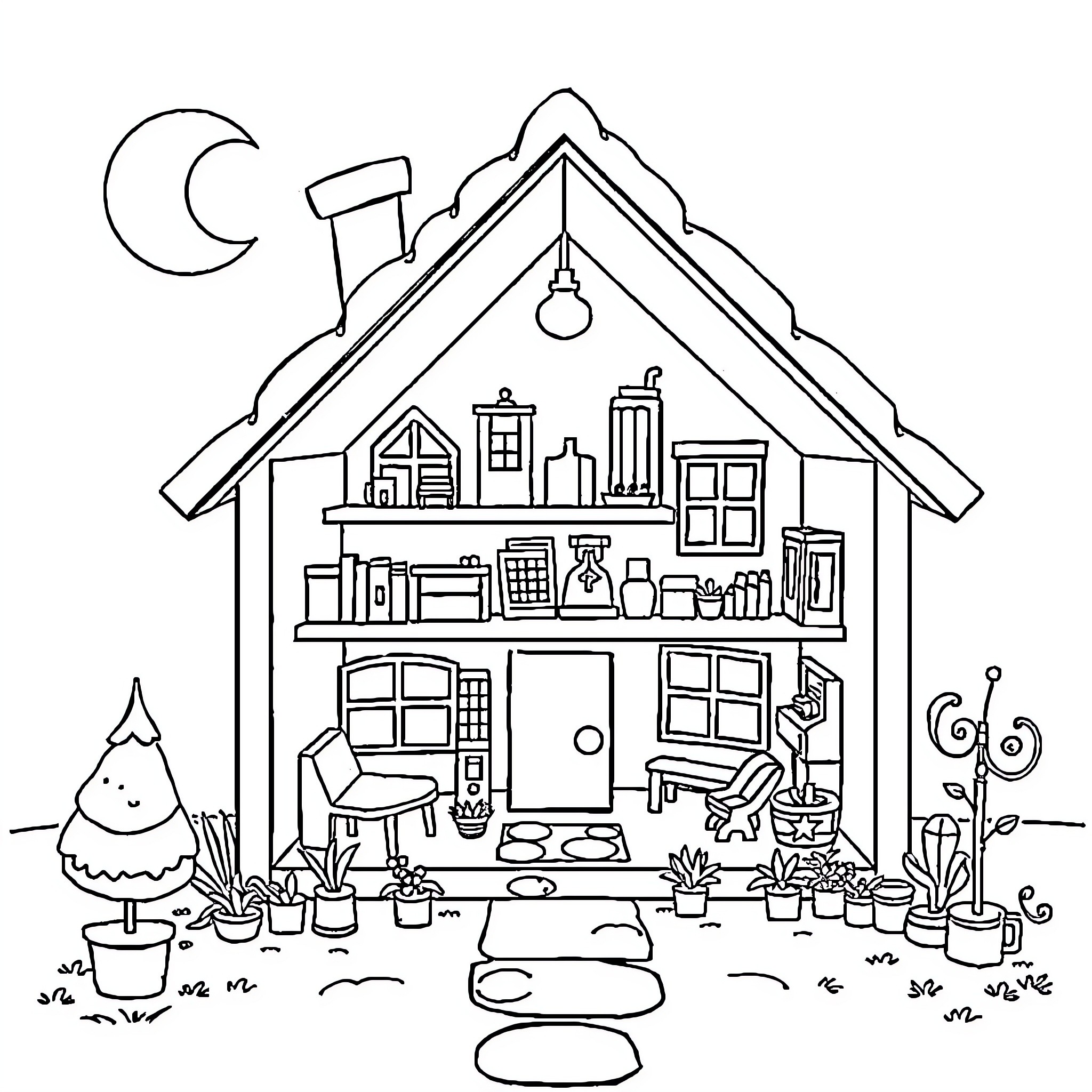 Dollhouse with whimsical furnishings and accessories Coloring Page (free black-and-white line drawing printable PDF for all, from beginners to advanced learners, including children, teens, adults, and seniors)