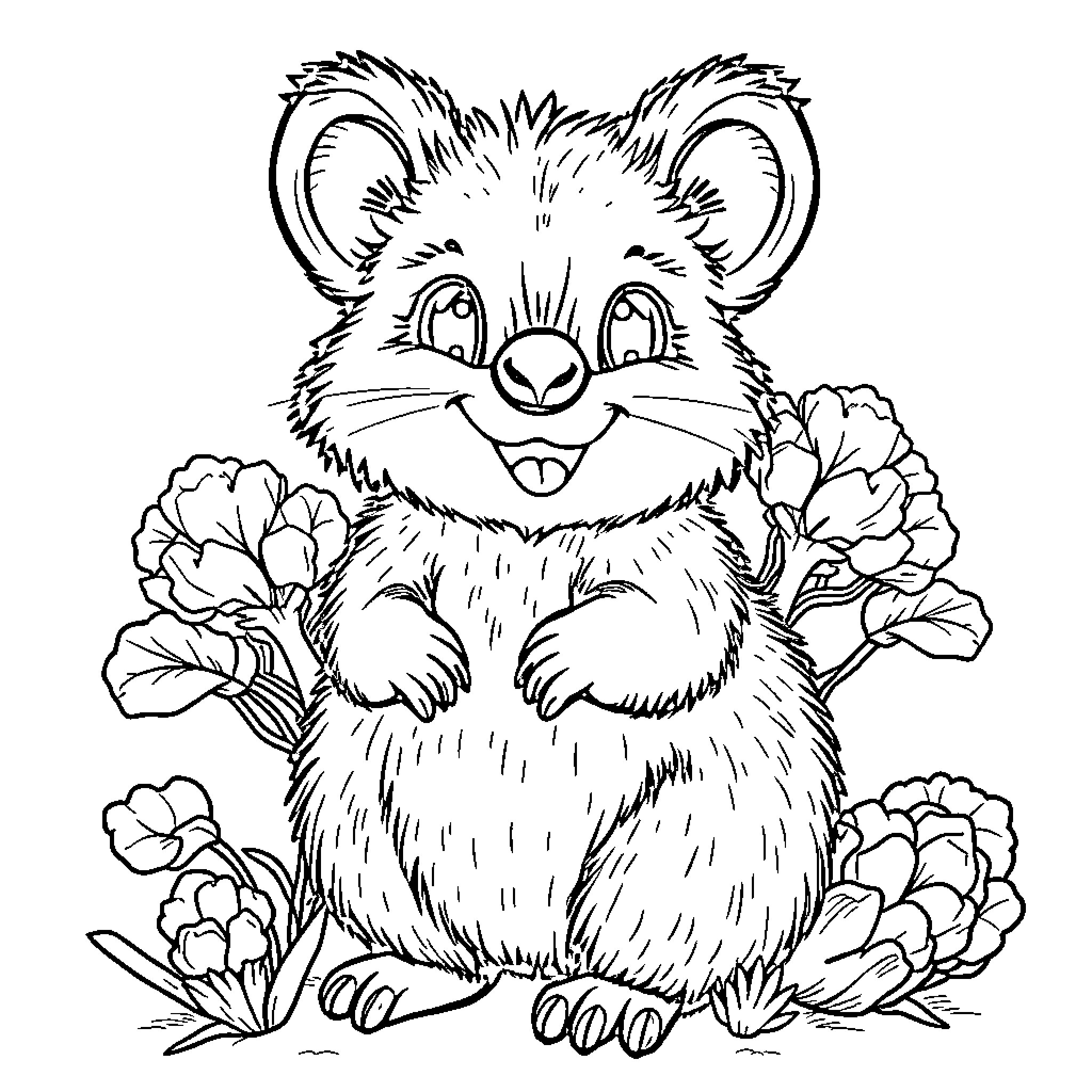 Quokka surrounded by flowers Coloring Page (free black-and-white line drawing printable PDF for all, from beginners to advanced learners, including children, teens, adults, and seniors)