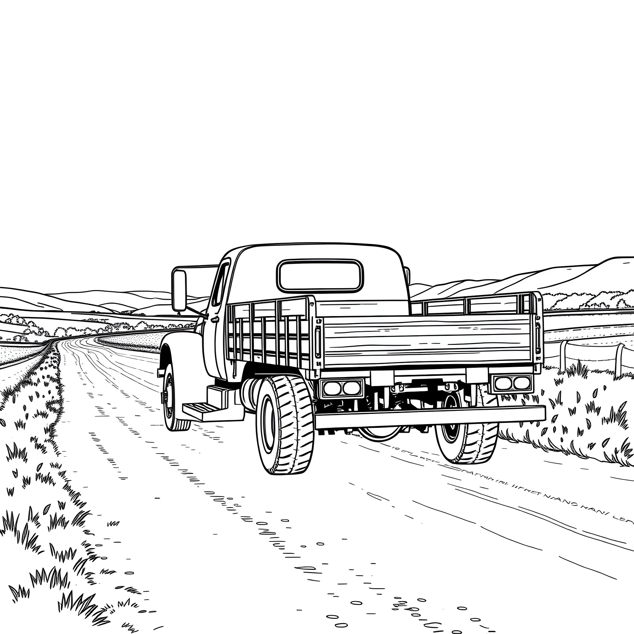 Flatbed Truck Transporting Goods on a Rural Road Coloring Page (free black-and-white line drawing printable PDF for all, from beginners to advanced learners, including children, teens, adults, and seniors)