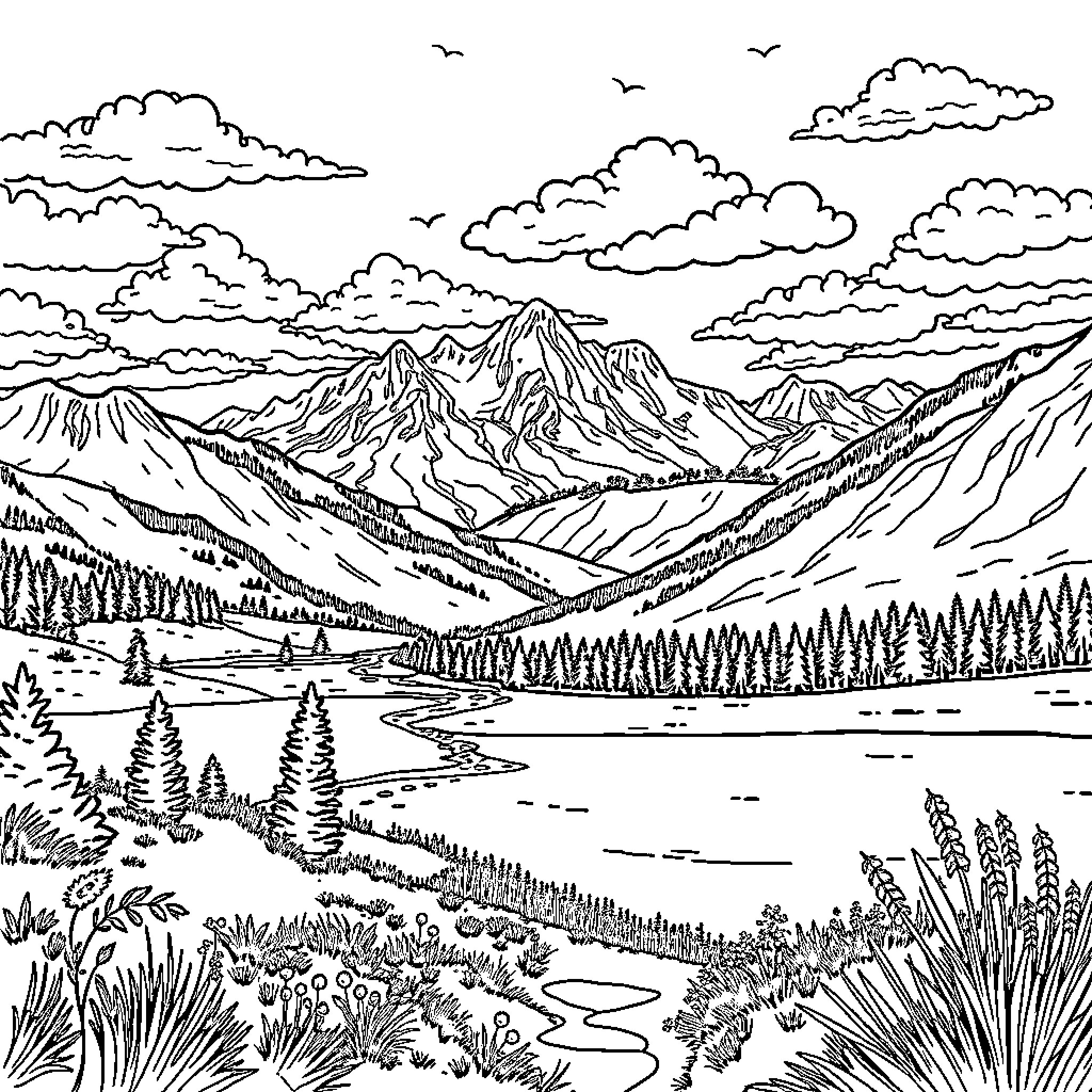 Absolument serene mountain landscape with lake and clouds Coloring Page (free black-and-white line drawing printable PDF for all, from beginners to advanced learners, including children, teens, adults, and seniors)