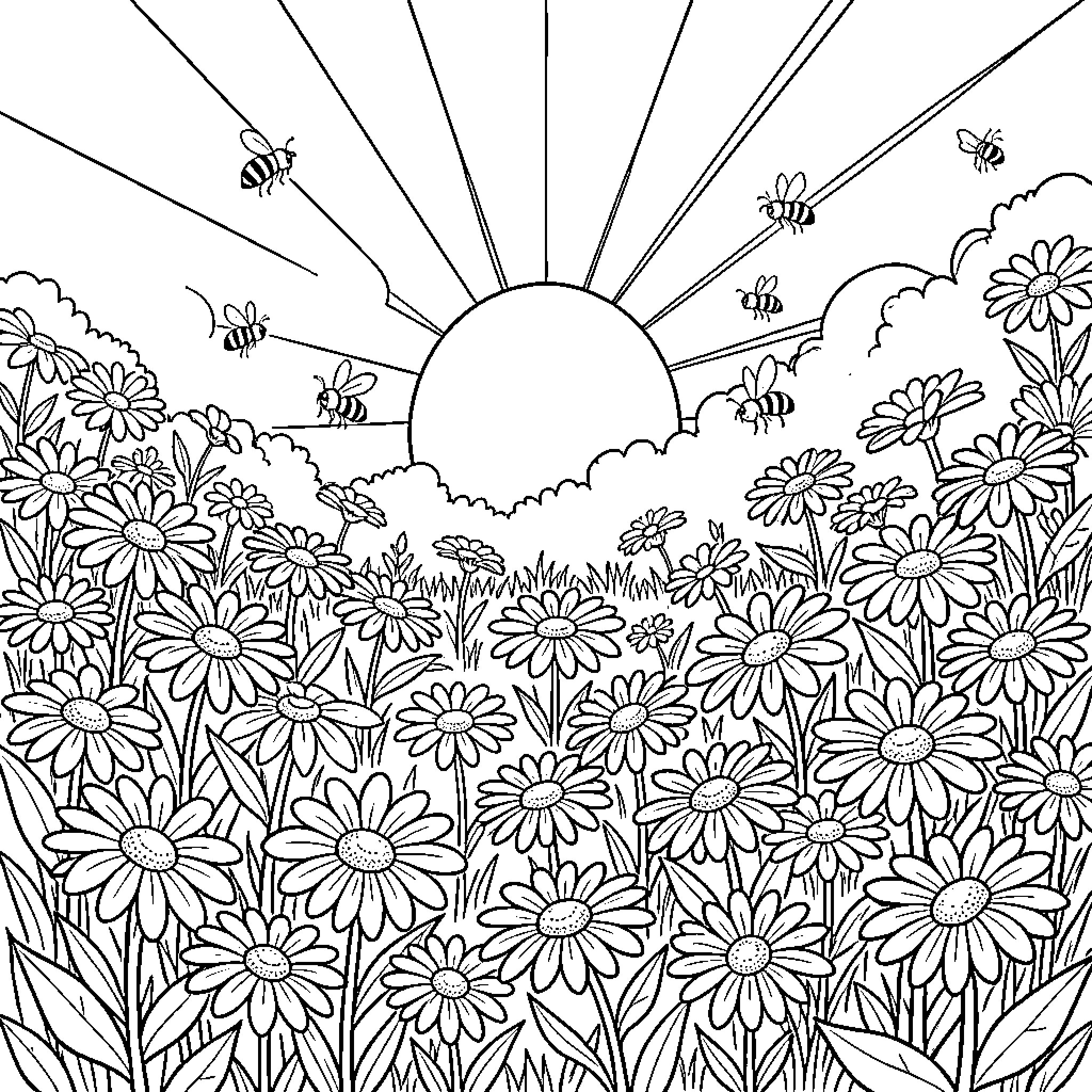 Daisy field under a rising sun with bees Coloring Page (free black-and-white line drawing printable PDF for all, from beginners to advanced learners, including children, teens, adults, and seniors)