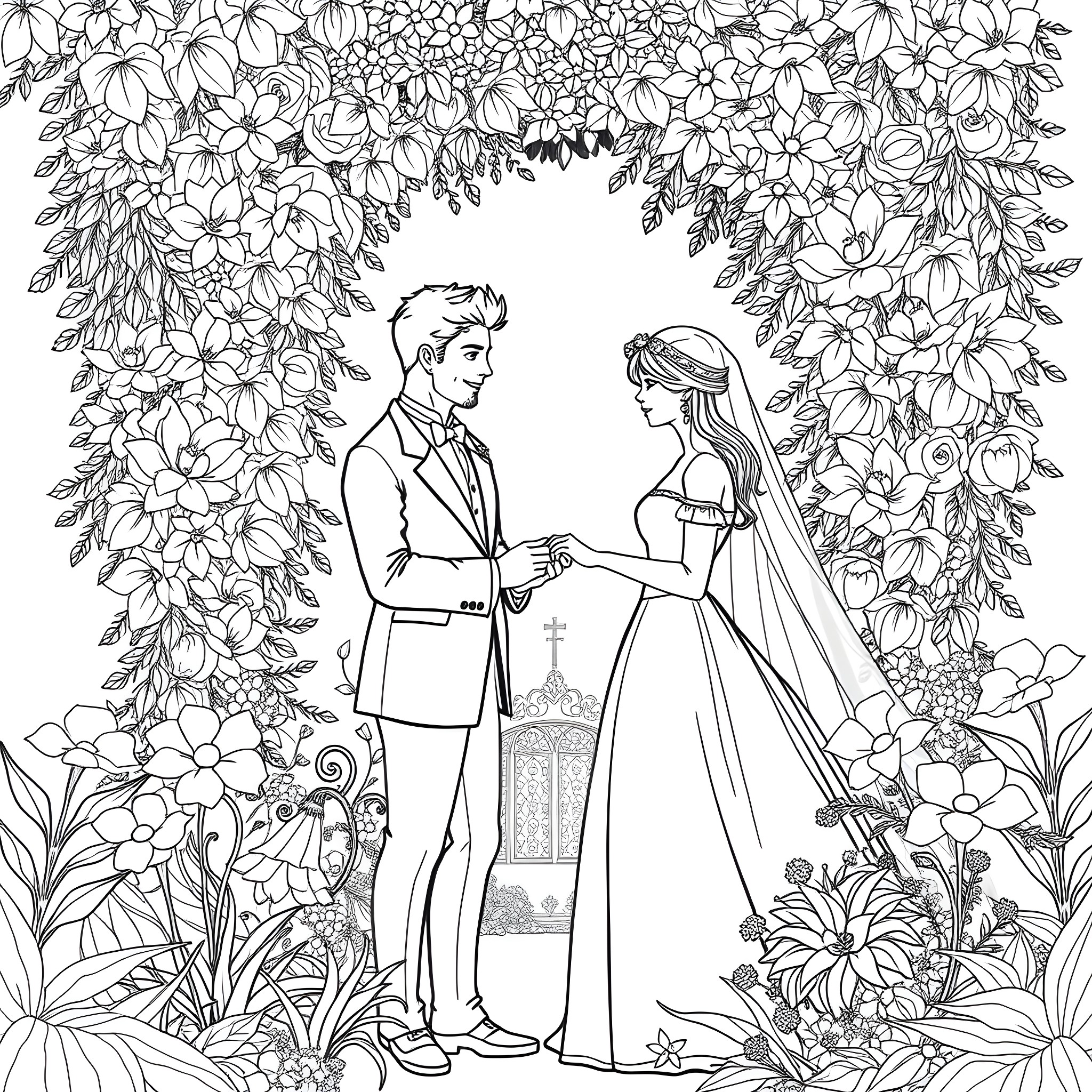 Olivia's Enchanting Wedding Ceremony Coloring Page (free black-and-white line drawing printable PDF for all, from beginners to advanced learners, including children, teens, adults, and seniors)