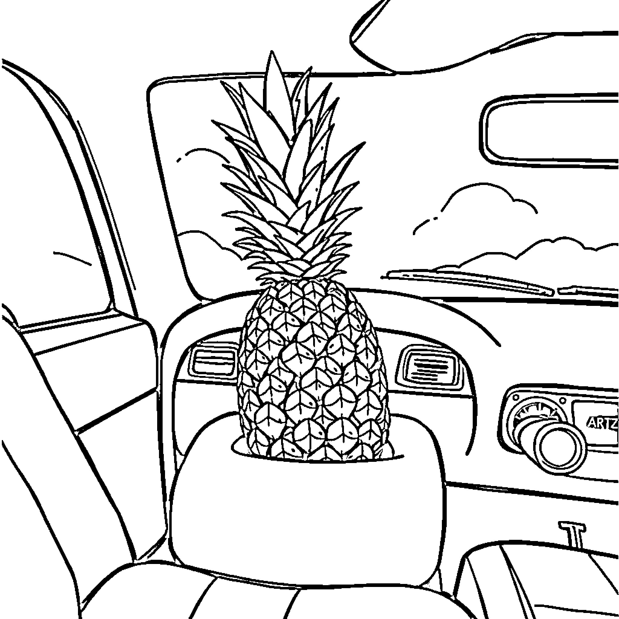 Car with pineapple riding on the dashboard Coloring Page (free black-and-white line drawing printable PDF for all, from beginners to advanced learners, including children, teens, adults, and seniors)