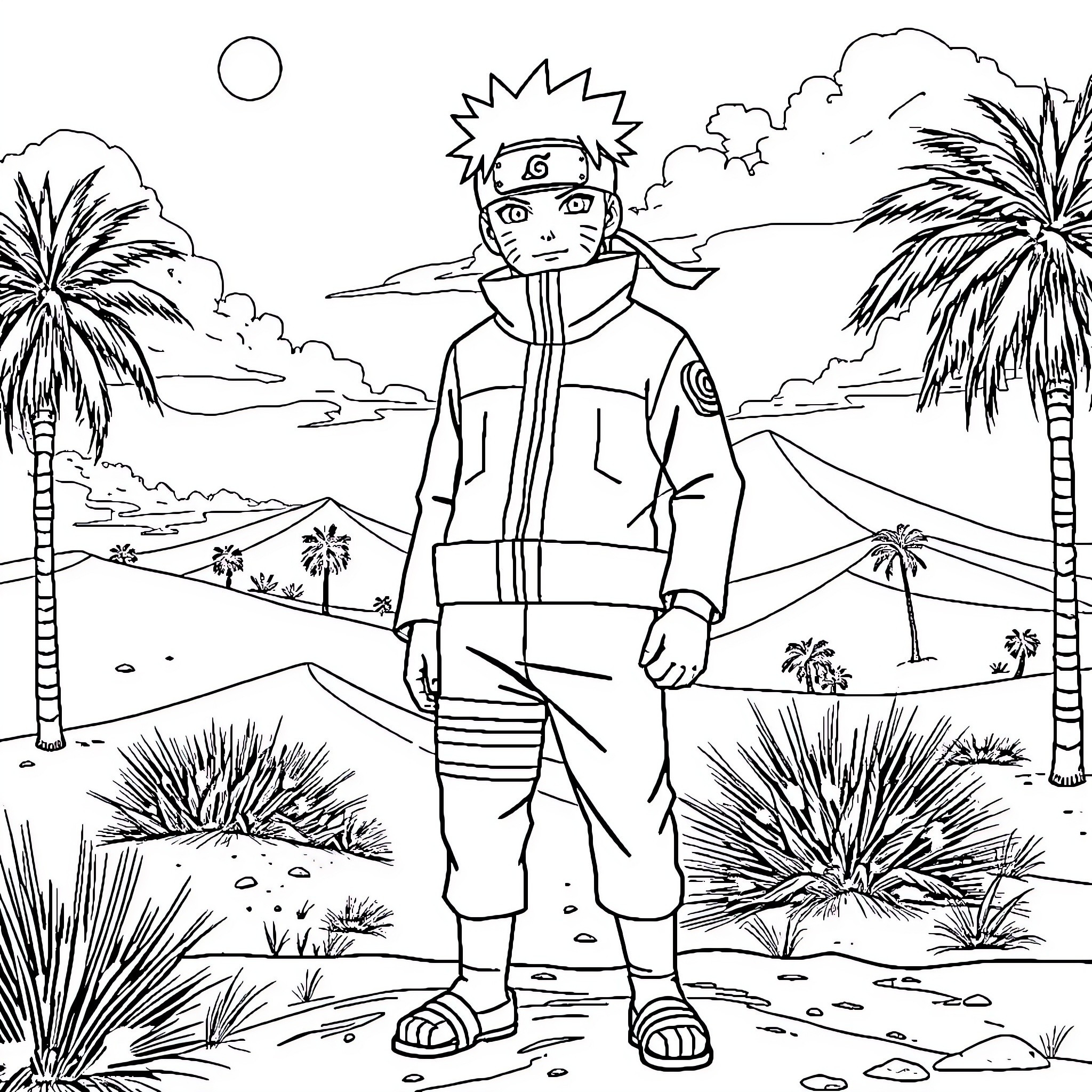 Naruto in the Hidden Leaf Village Landscape Coloring Page (free black-and-white line drawing printable PDF for all, from beginners to advanced learners, including children, teens, adults, and seniors)