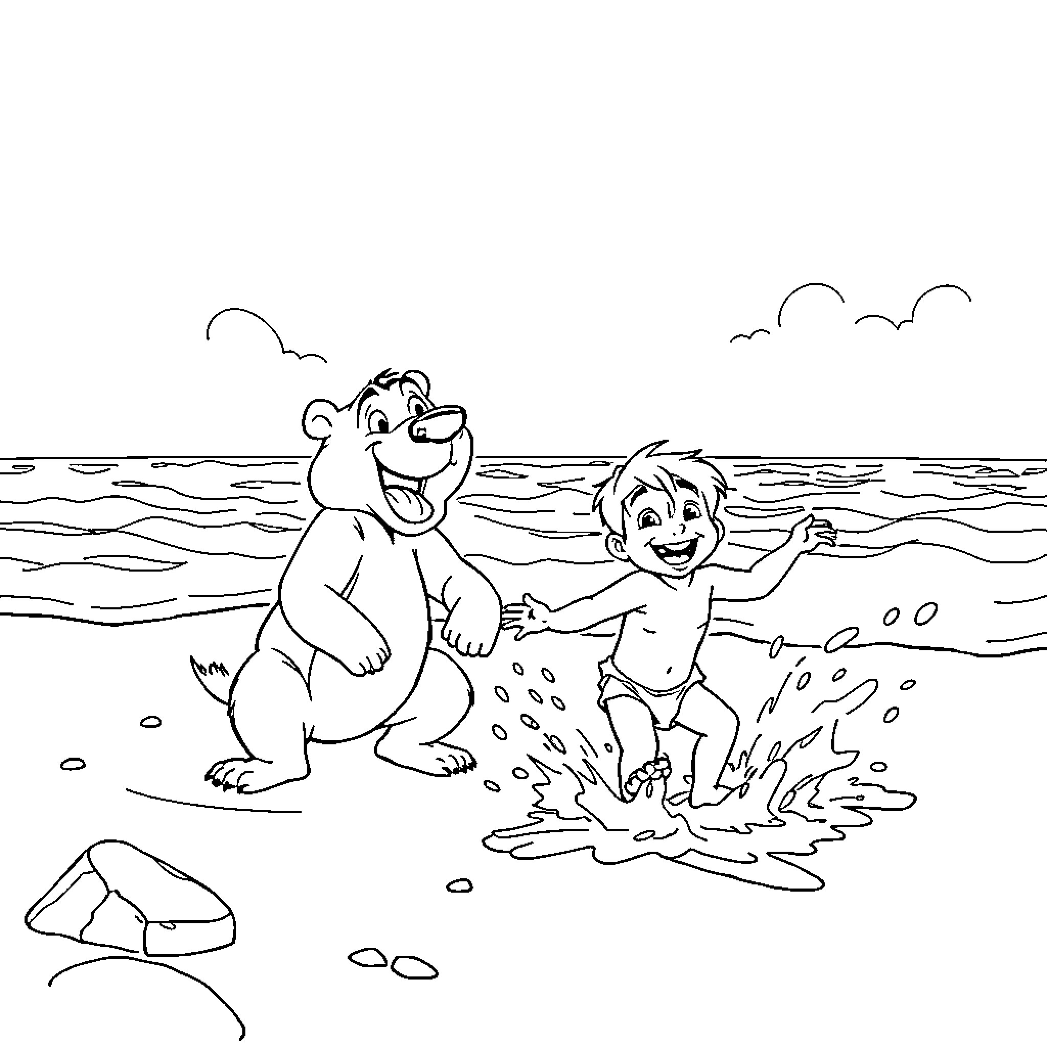 Mowgli enjoying a playful day at the beach with Baloo Coloring Page (free black-and-white line drawing printable PDF for all, from beginners to advanced learners, including children, teens, adults, and seniors)