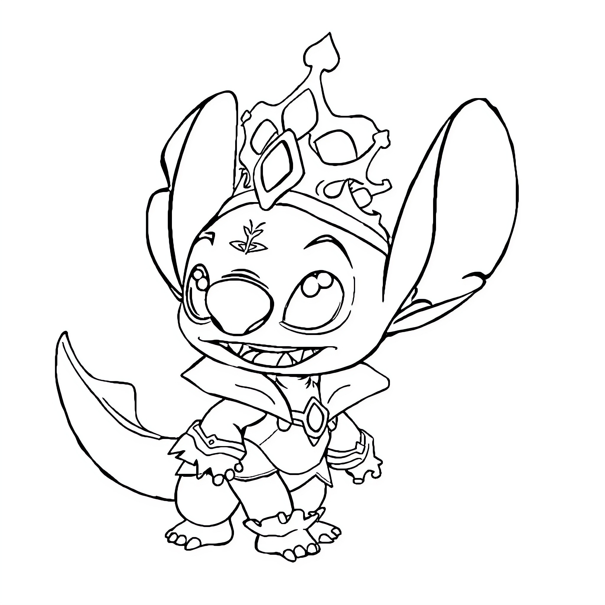 Stitch wearing a quirky crown Coloring Page (free black-and-white line drawing printable PDF for all, from beginners to advanced learners, including children, teens, adults, and seniors)