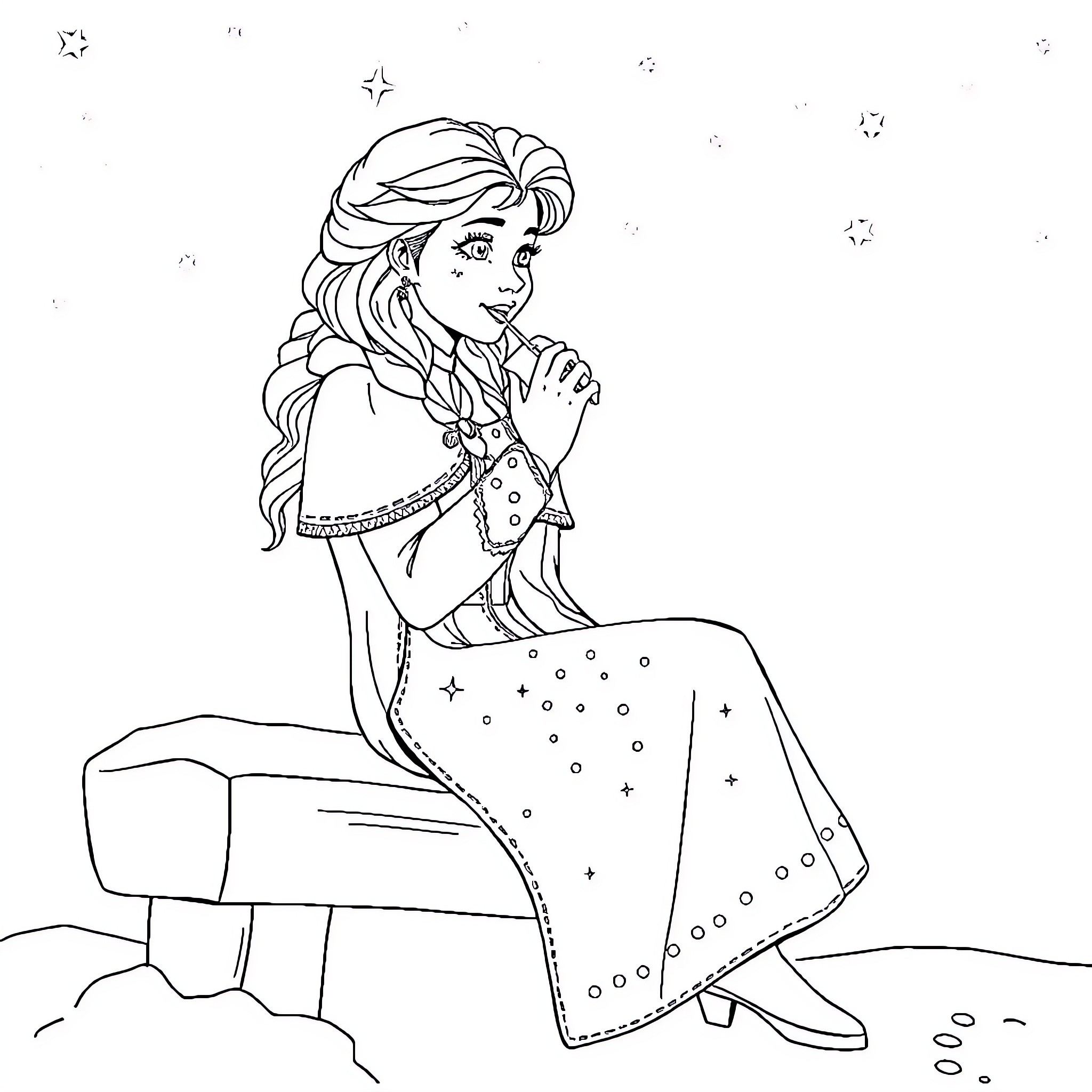 Queen enjoying the starry night Coloring Page (free black-and-white line drawing printable PDF for all, from beginners to advanced learners, including children, teens, adults, and seniors)