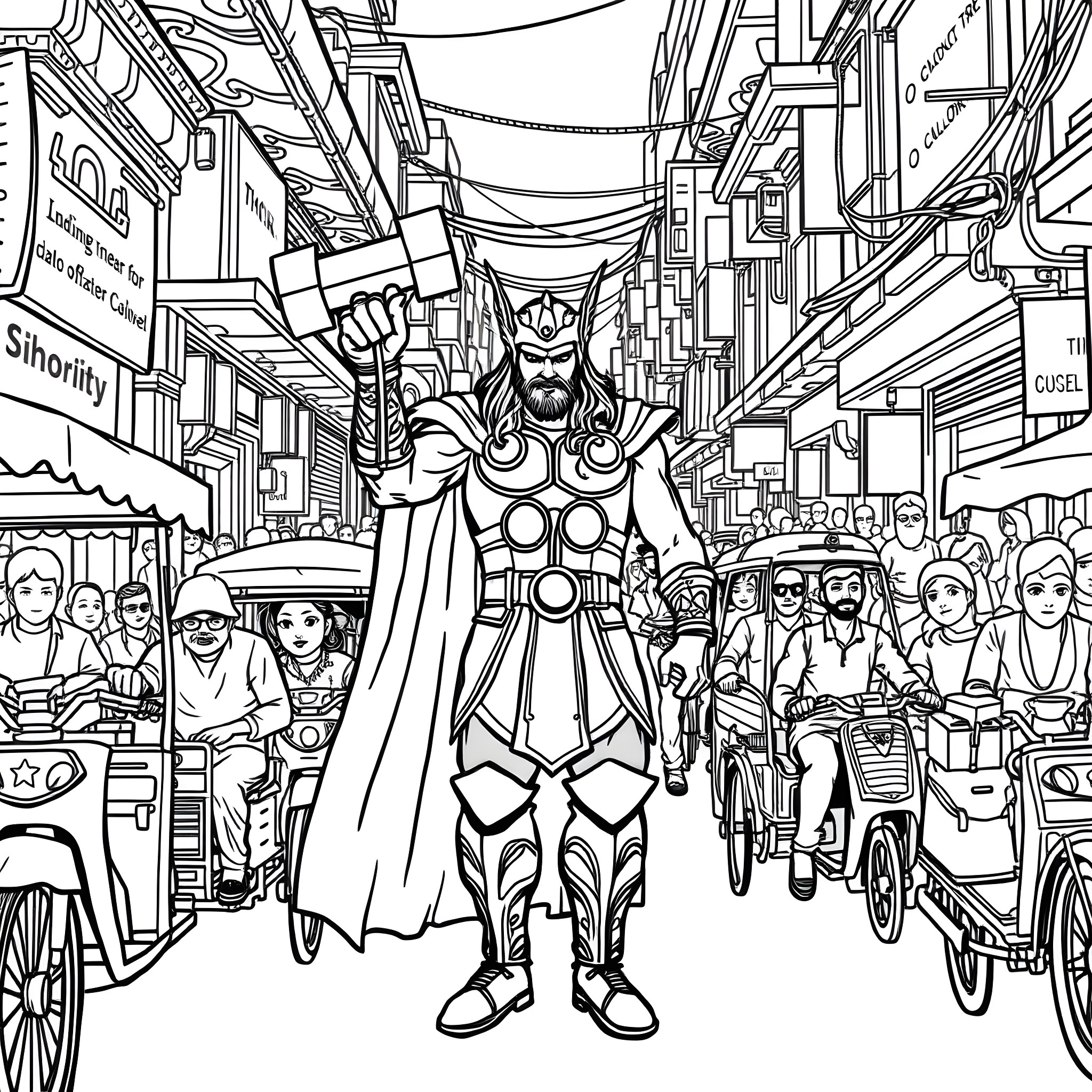 Thor the Mighty in a Bustling Marketplace Coloring Page (free black-and-white line drawing printable PDF for all, from beginners to advanced learners, including children, teens, adults, and seniors)