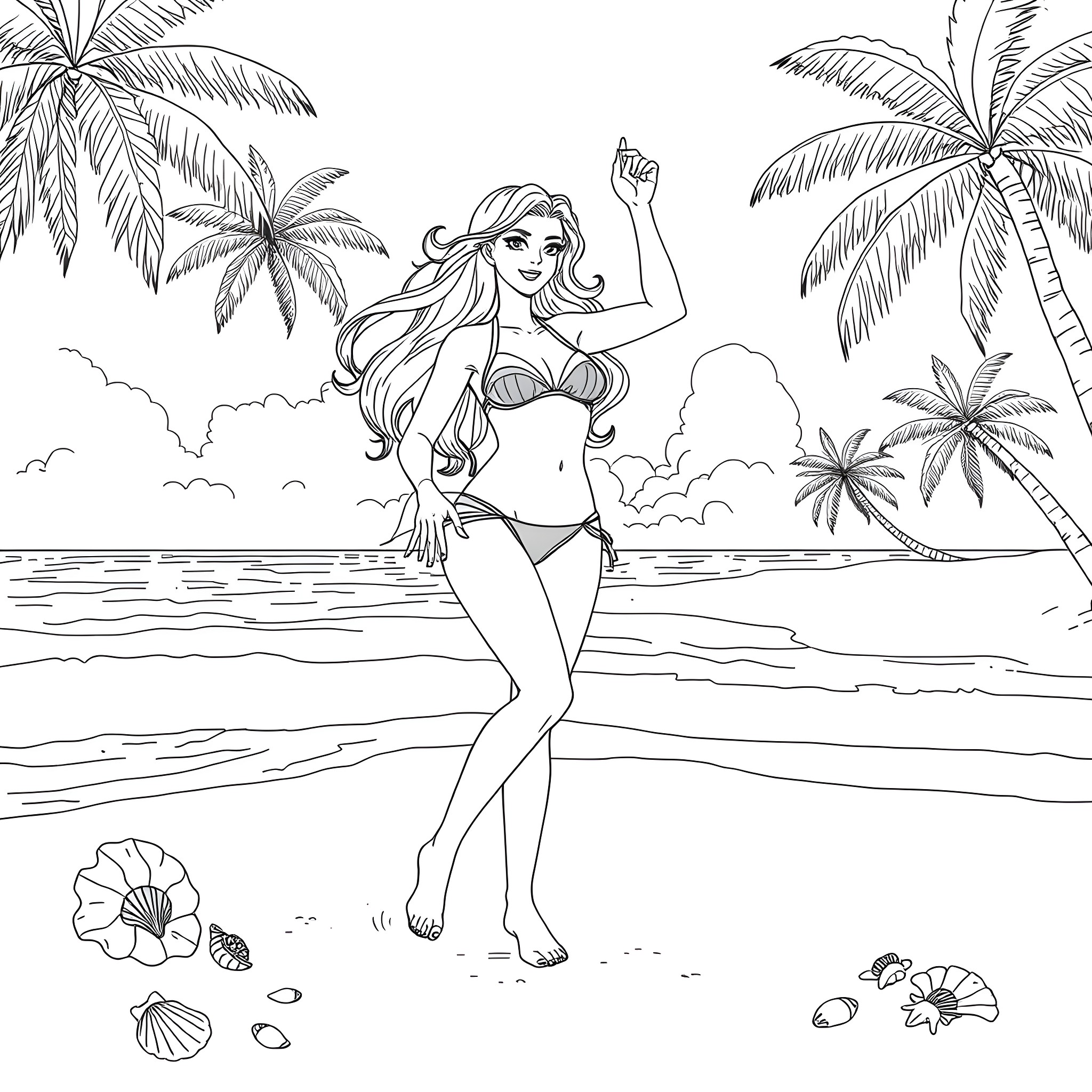 Rias Gremory enjoying a day at the beach Coloring Page (free black-and-white line drawing printable PDF for all, from beginners to advanced learners, including children, teens, adults, and seniors)