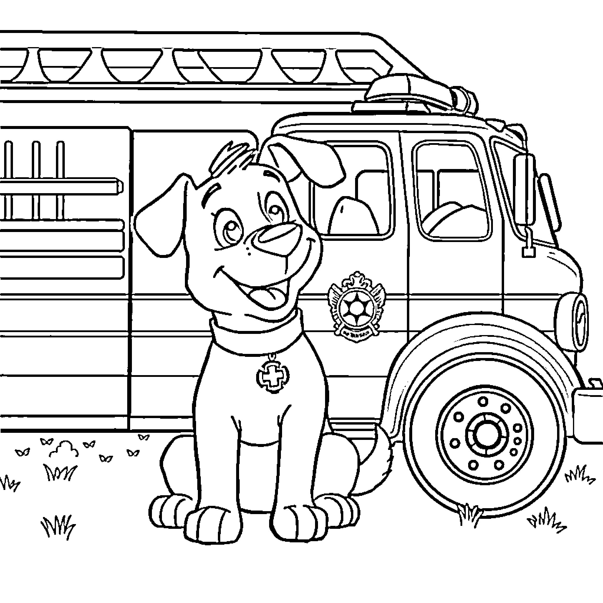 Dog playing by a fire truck Coloring Page (free black-and-white line drawing printable PDF for all, from beginners to advanced learners, including children, teens, adults, and seniors)