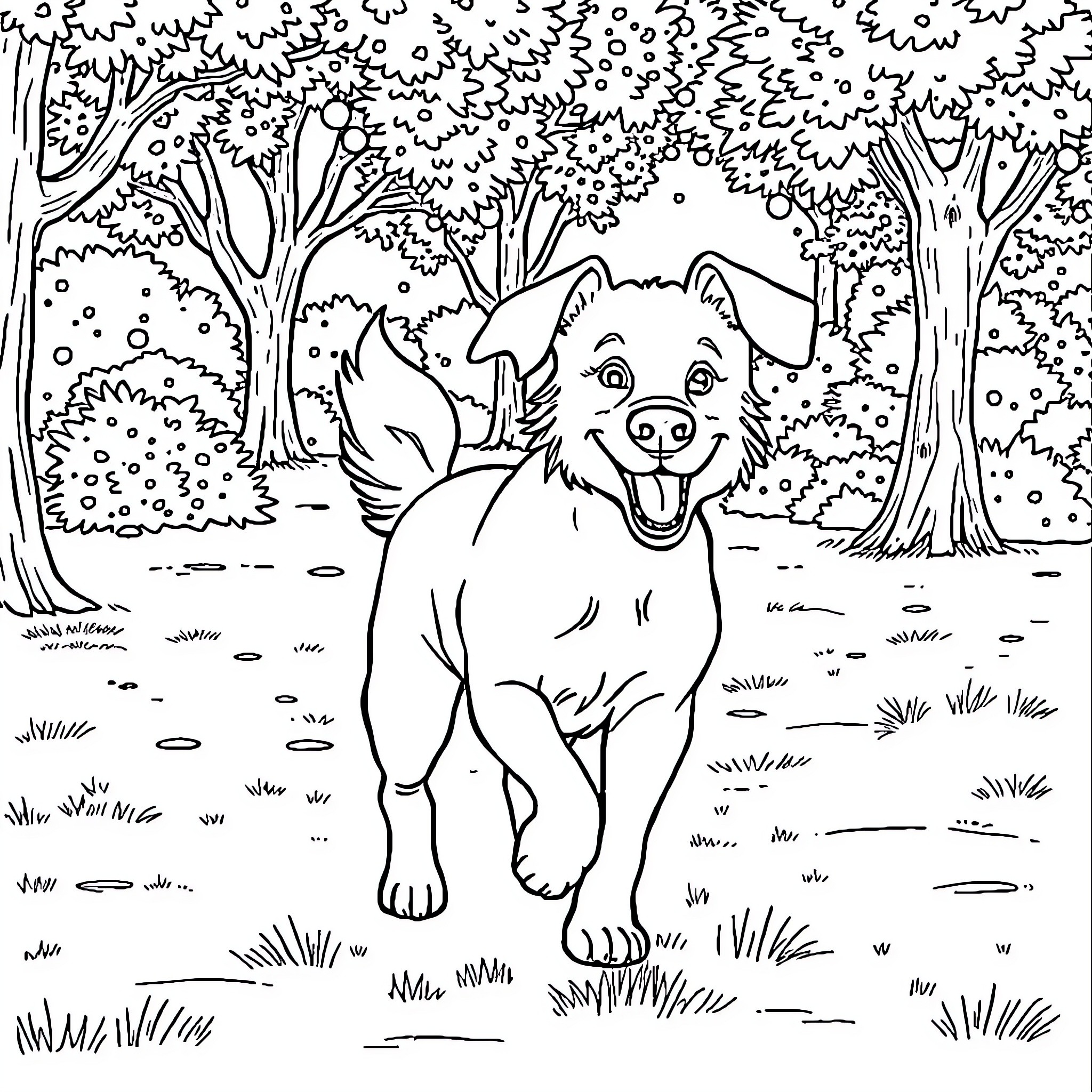 Dog running happily in the forest Coloring Page (free black-and-white line drawing printable PDF for all, from beginners to advanced learners, including children, teens, adults, and seniors)