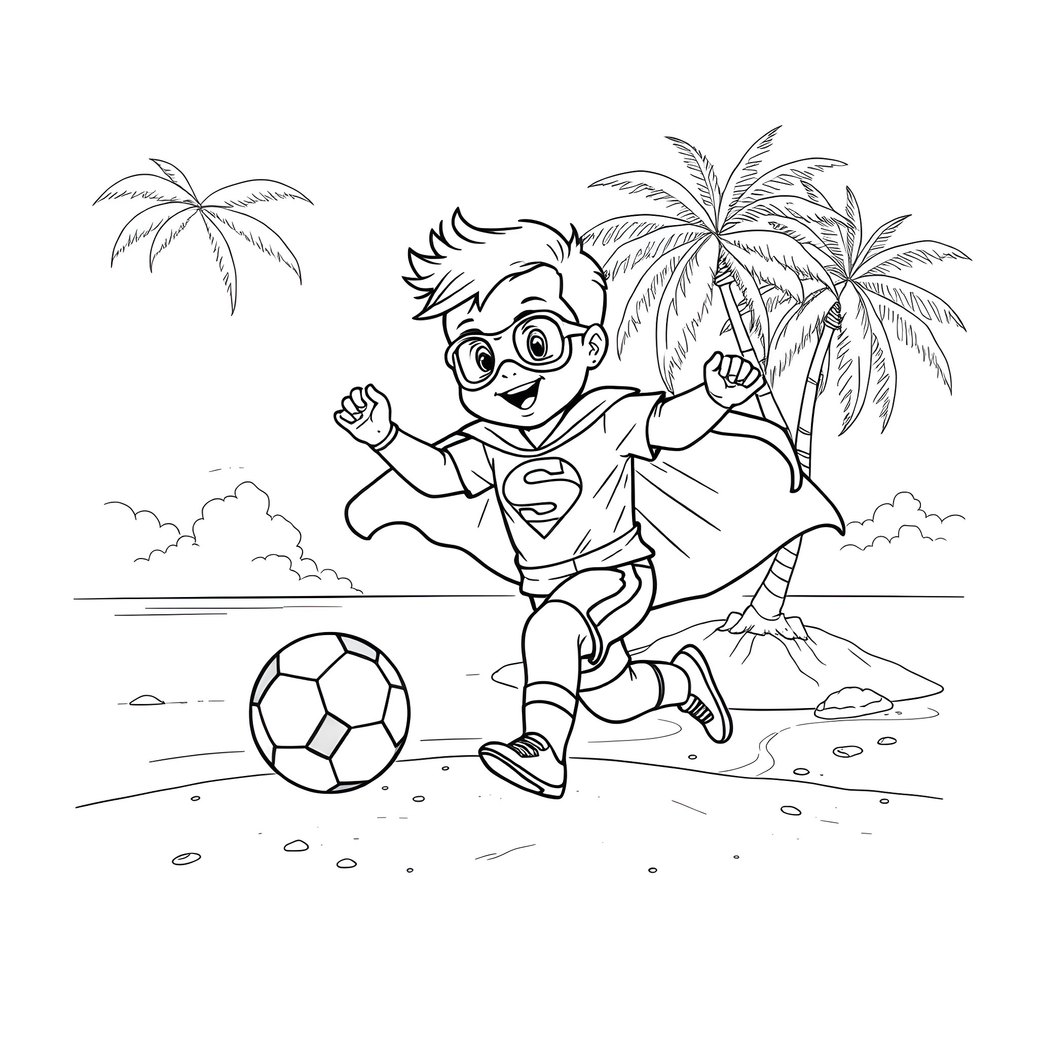 Baby playing soccer happily on the beach Coloring Page (free black-and-white line drawing printable PDF for all, from beginners to advanced learners, including children, teens, adults, and seniors)