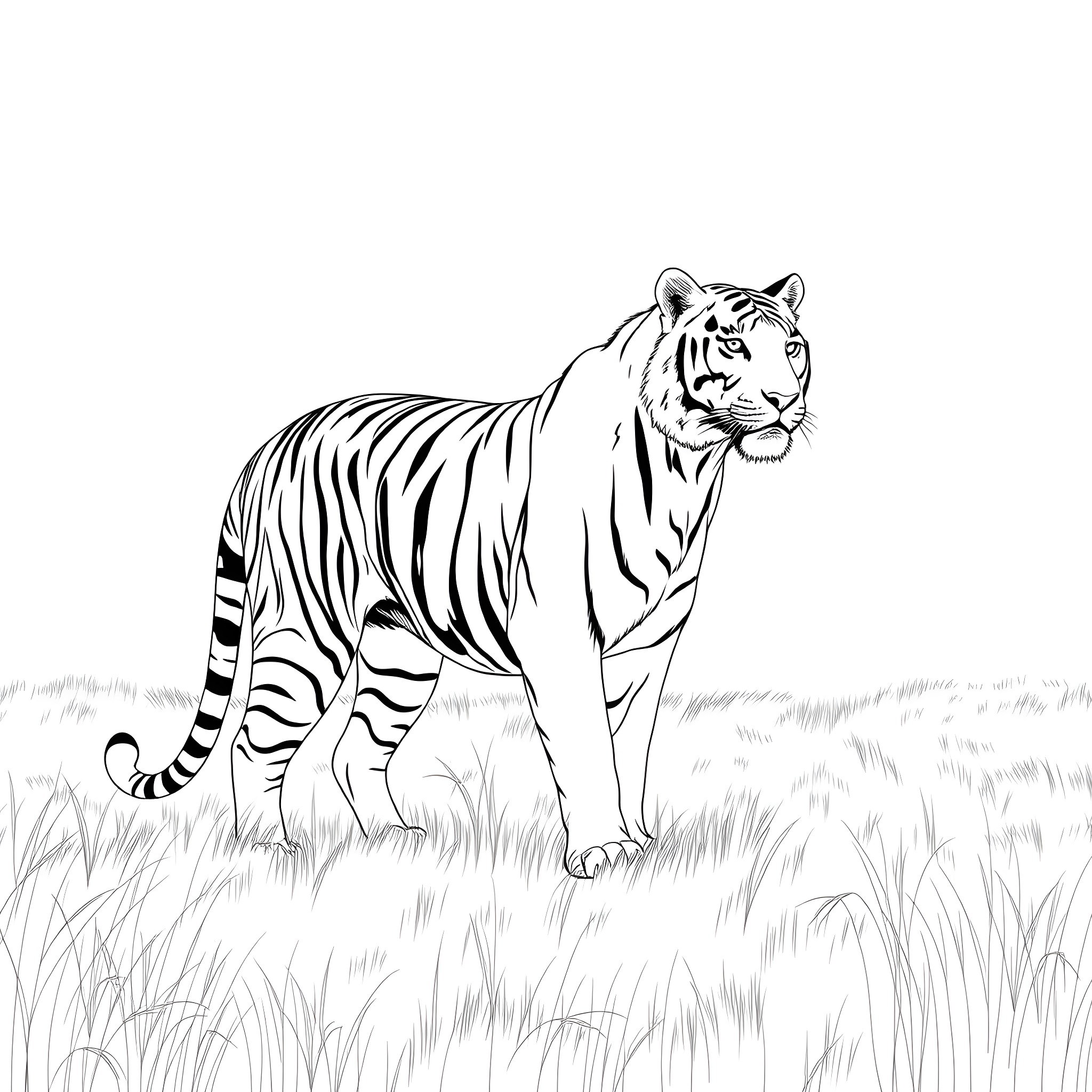 Tiger stalking in the grass Coloring Page (free black-and-white line drawing printable PDF for all, from beginners to advanced learners, including children, teens, adults, and seniors)