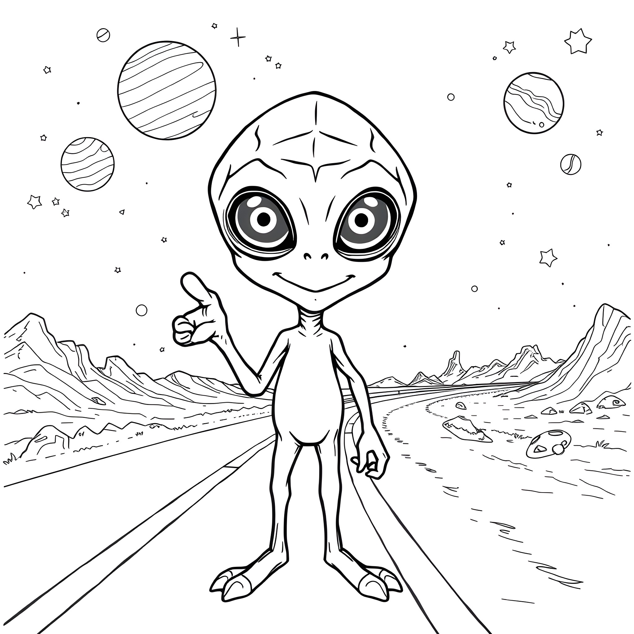 Alien exploring the mysterious cosmos Coloring Page (free black-and-white line drawing printable PDF for all, from beginners to advanced learners, including children, teens, adults, and seniors)