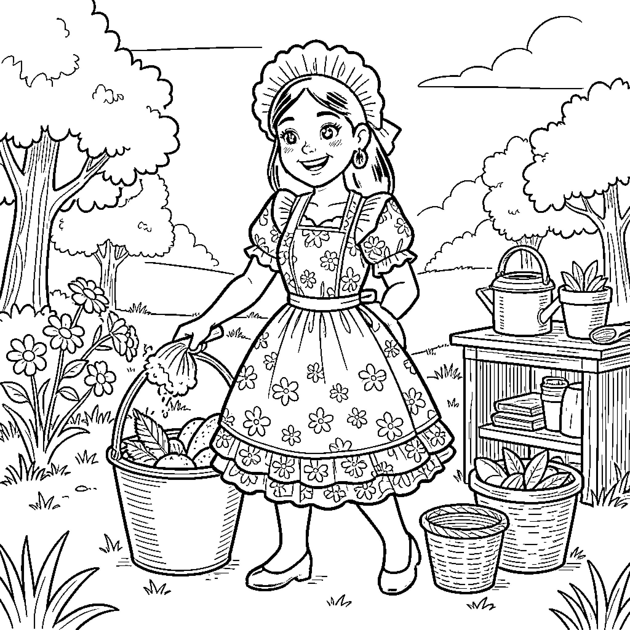 Native American Girl Tending to her Garden Coloring Page (free black-and-white line drawing printable PDF for all, from beginners to advanced learners, including children, teens, adults, and seniors)