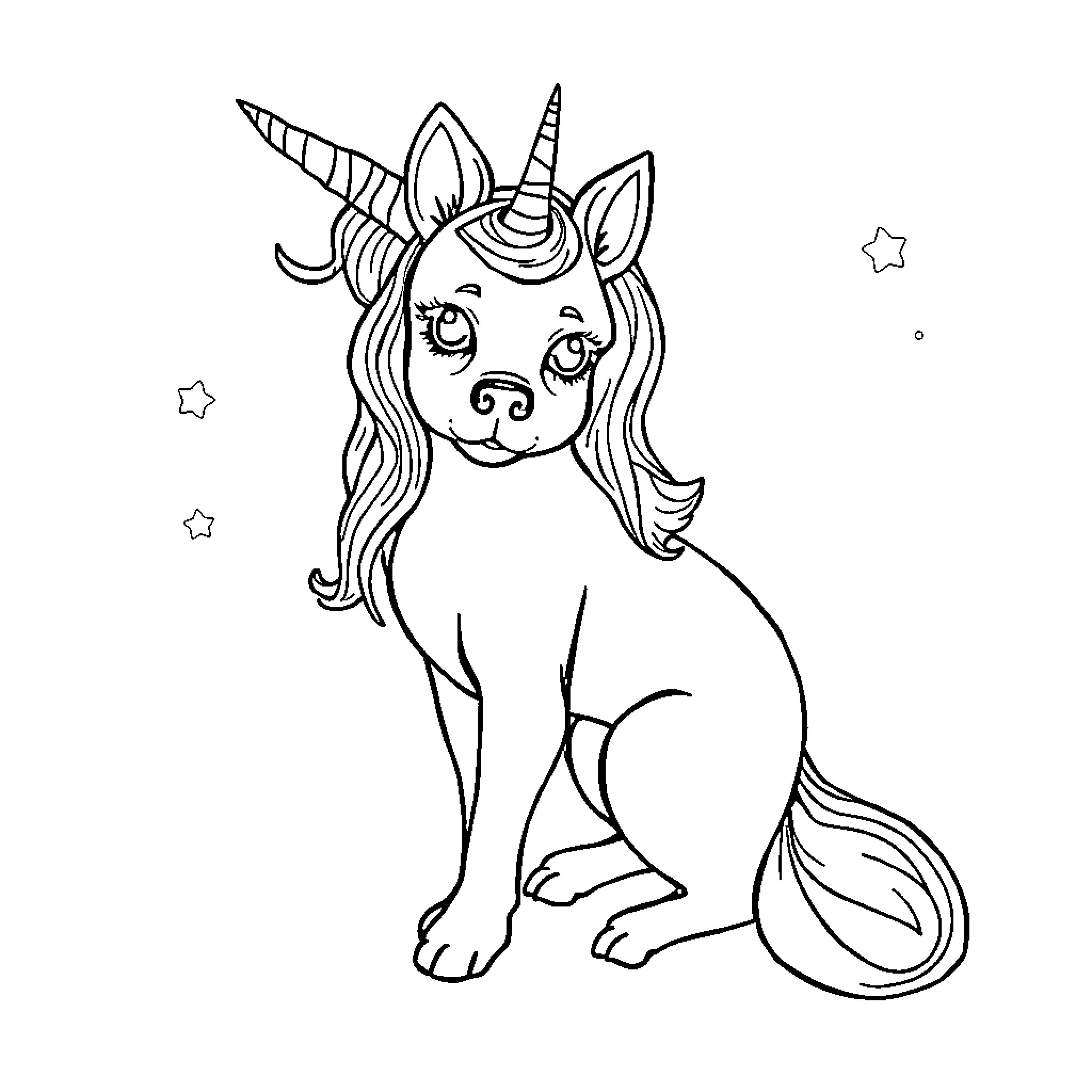 Unicorn Dog sitting adorably with stars Coloring Page (free black-and-white line drawing printable PDF for all, from beginners to advanced learners, including children, teens, adults, and seniors)