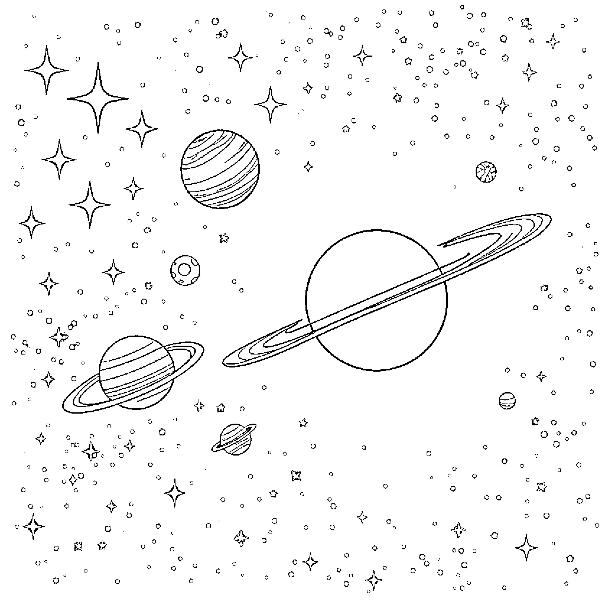 Solar System with Planets and Cosmic Stars Coloring Page (free black-and-white line drawing printable PDF for all, from beginners to advanced learners, including children, teens, adults, and seniors)