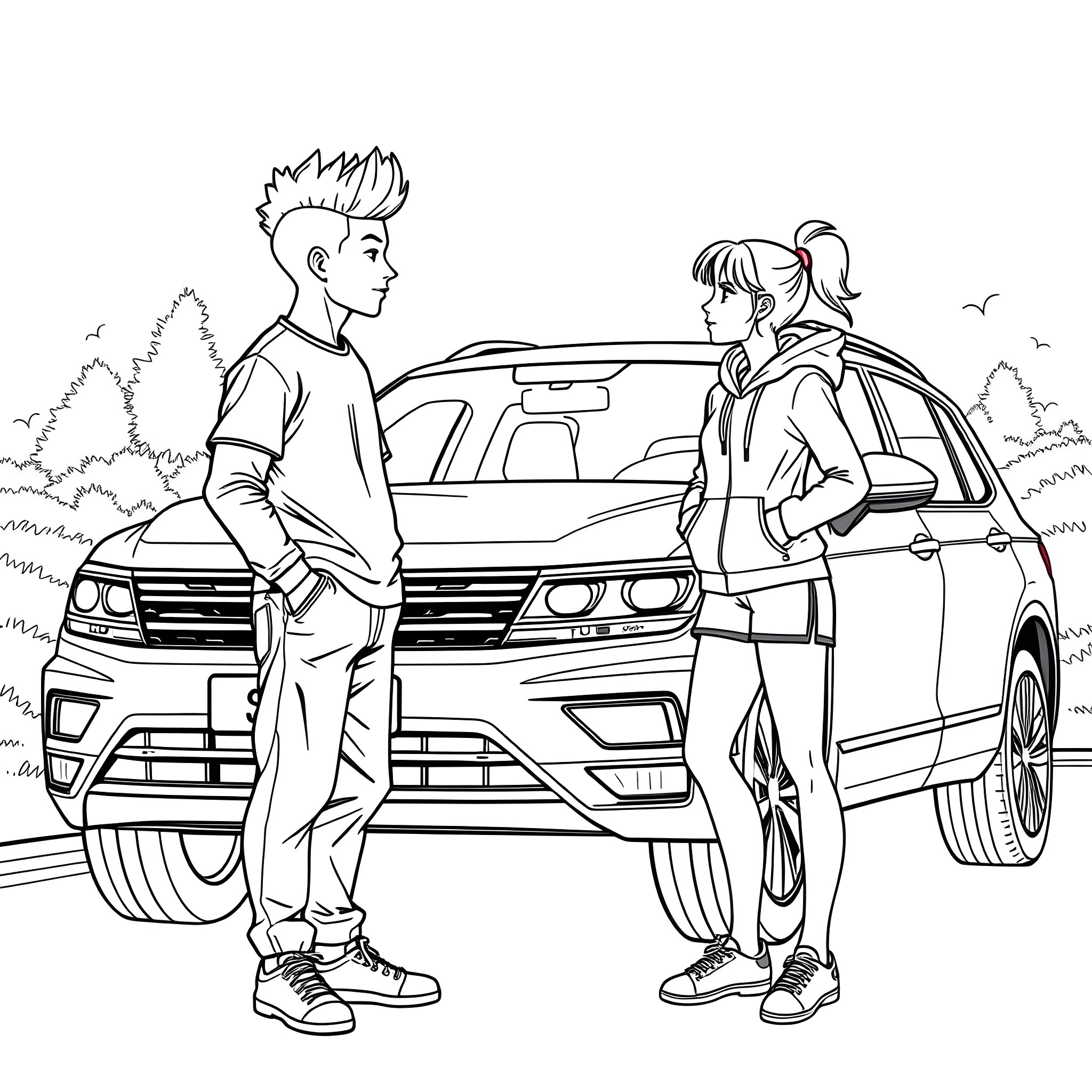 Teen boy and girl standing by car Coloring Page (free black-and-white line drawing printable PDF for all, from beginners to advanced learners, including children, teens, adults, and seniors)