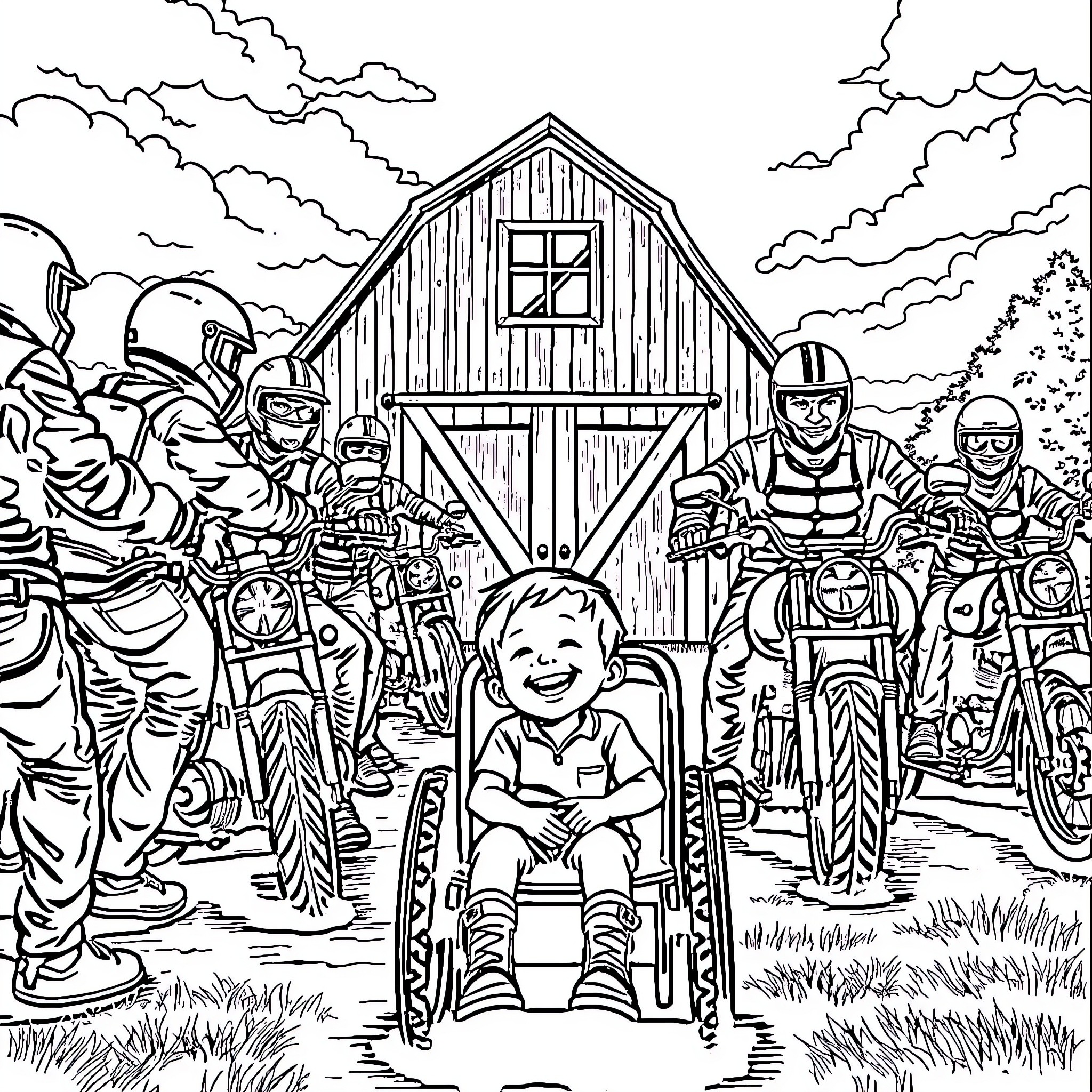 Motorcycle Enthusiasts Gather for Rural Celebration Coloring Page (free black-and-white line drawing printable PDF for all, from beginners to advanced learners, including children, teens, adults, and seniors)