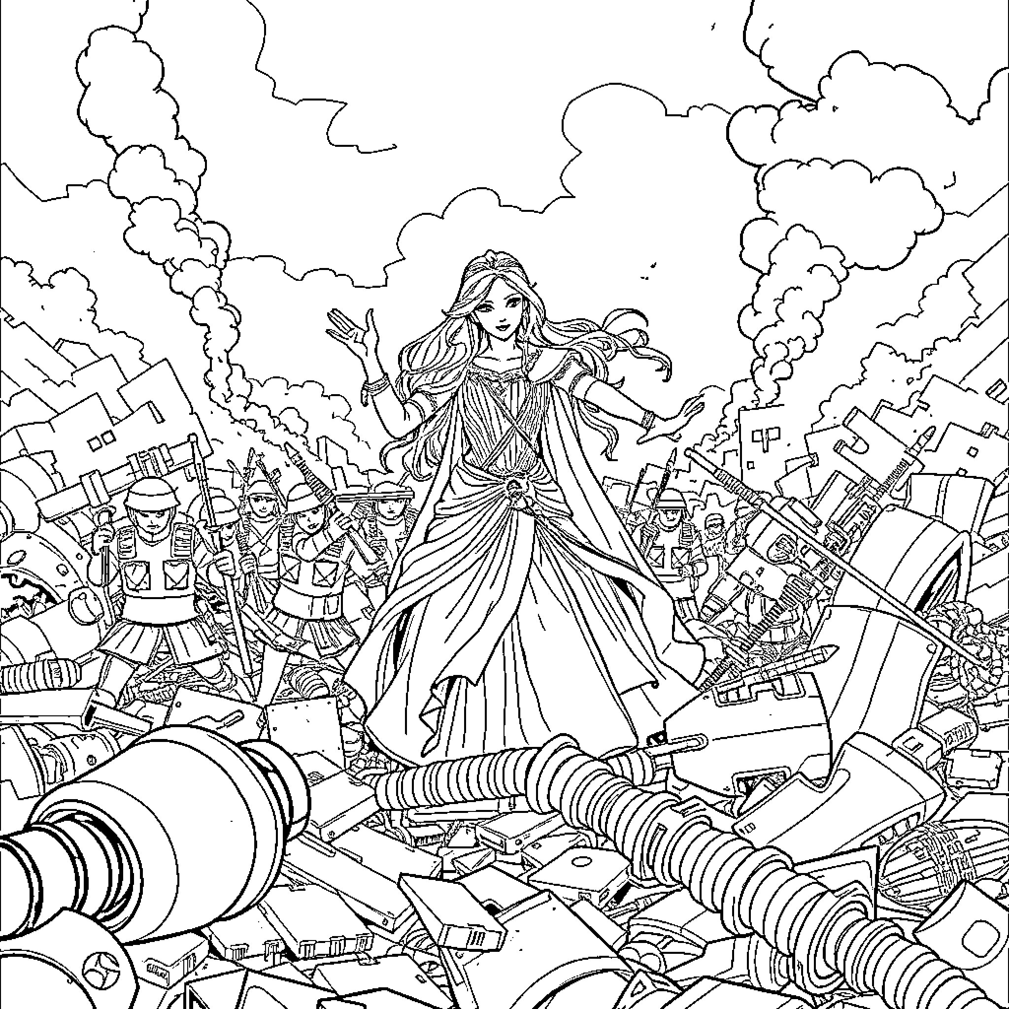 Princess Commanding an Army of Mechanical Marvels Coloring Page (free black-and-white line drawing printable PDF for all, from beginners to advanced learners, including children, teens, adults, and seniors)