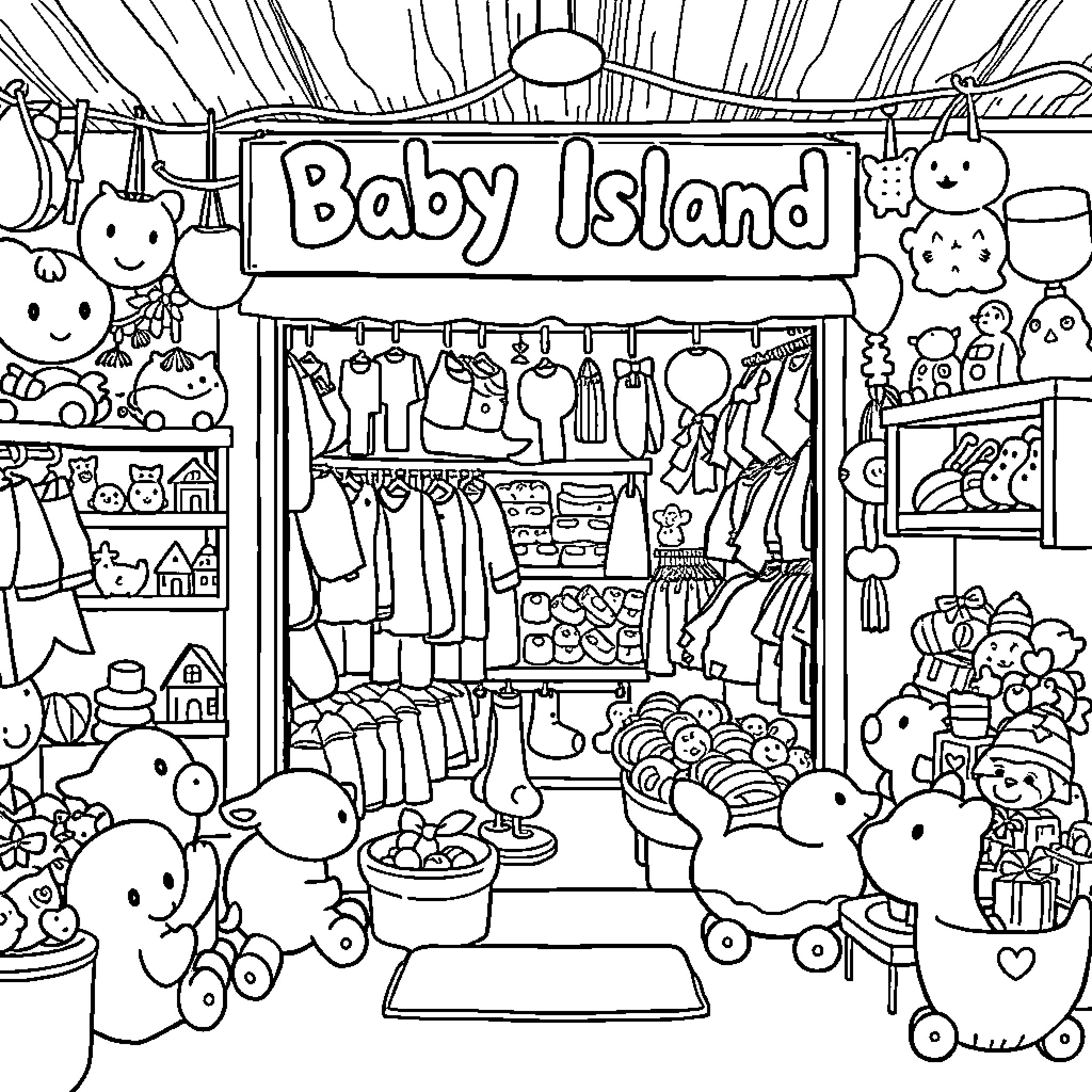 Island of Baby Shop Filled with Cute Characters Coloring Page (free black-and-white line drawing printable PDF for all, from beginners to advanced learners, including children, teens, adults, and seniors)