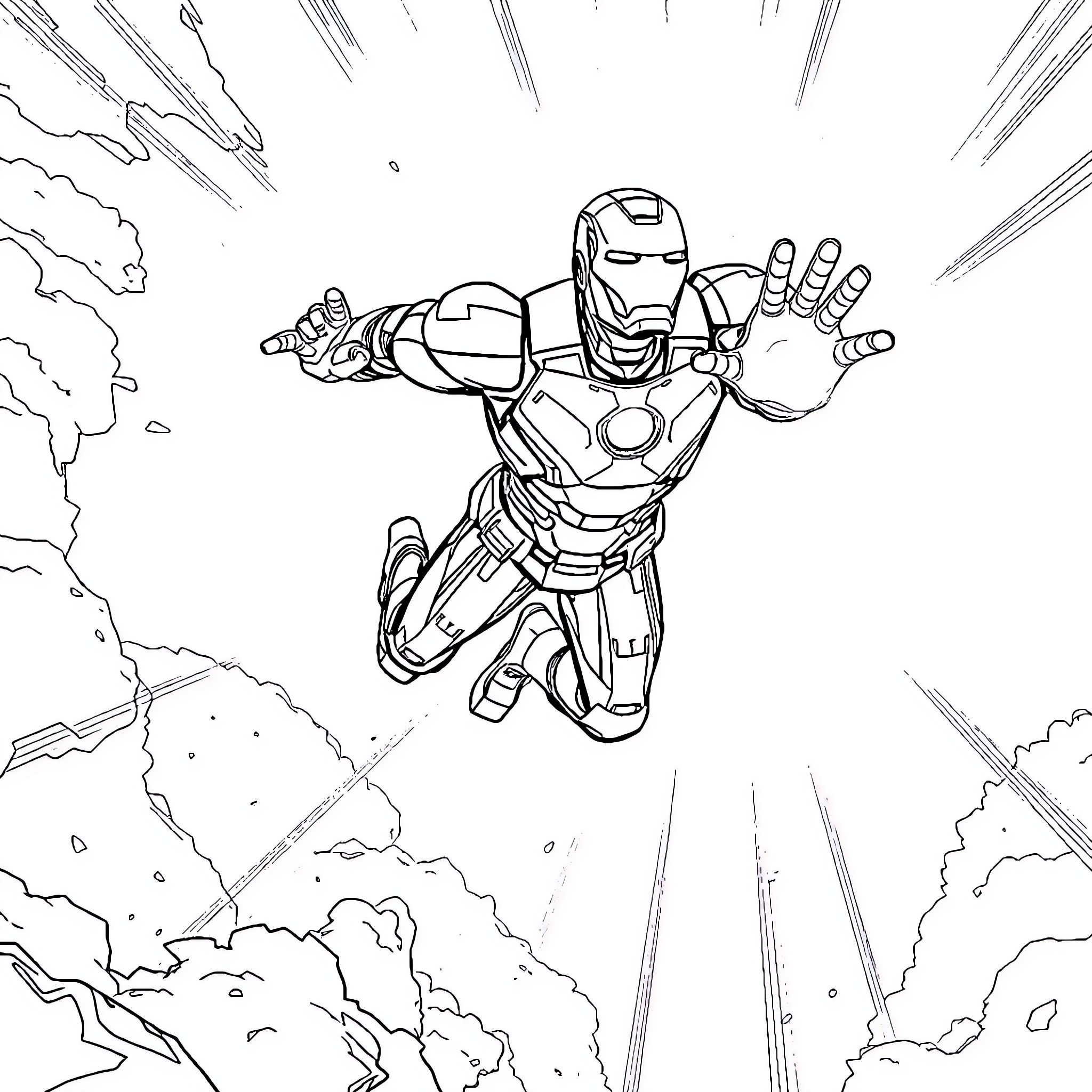 Iron Man soaring through the sky in action Coloring Page (free black-and-white line drawing printable PDF for all, from beginners to advanced learners, including children, teens, adults, and seniors)