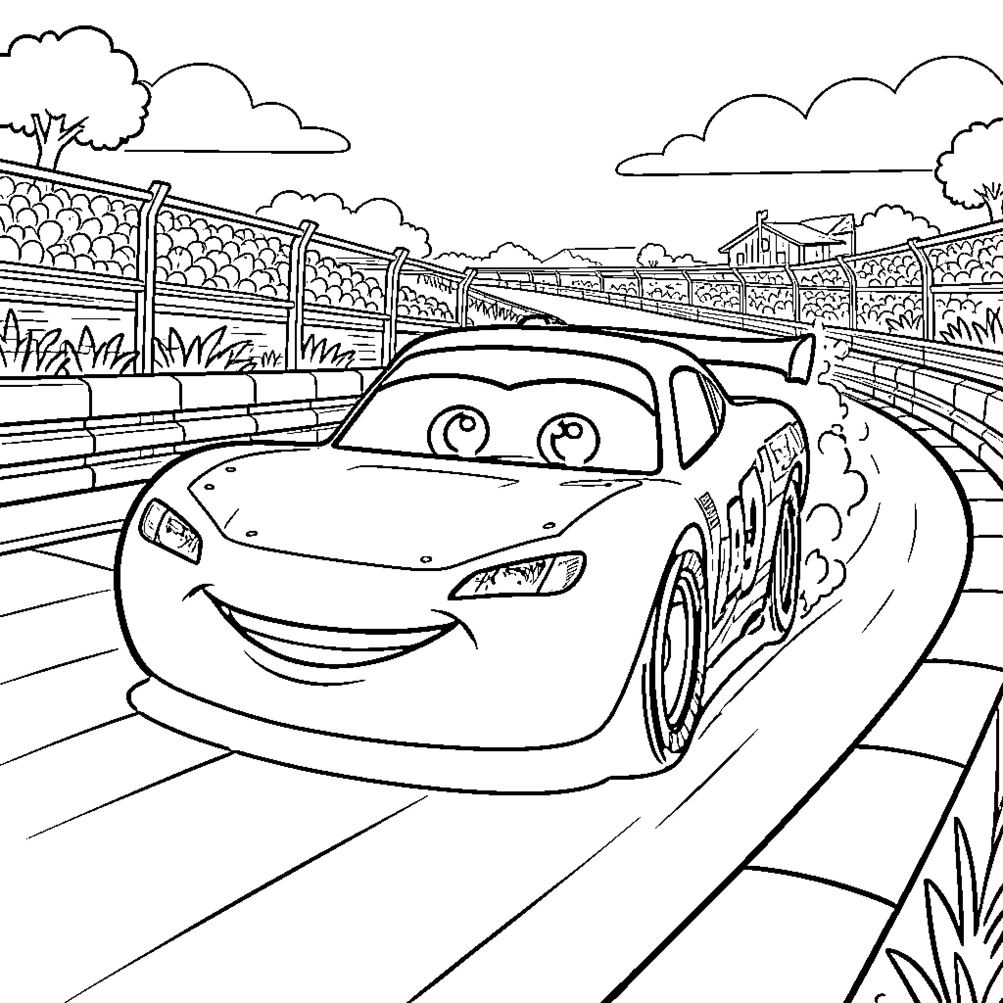 Lightning McQueen racing on the track Coloring Page (free black-and-white line drawing printable PDF for all, from beginners to advanced learners, including children, teens, adults, and seniors)