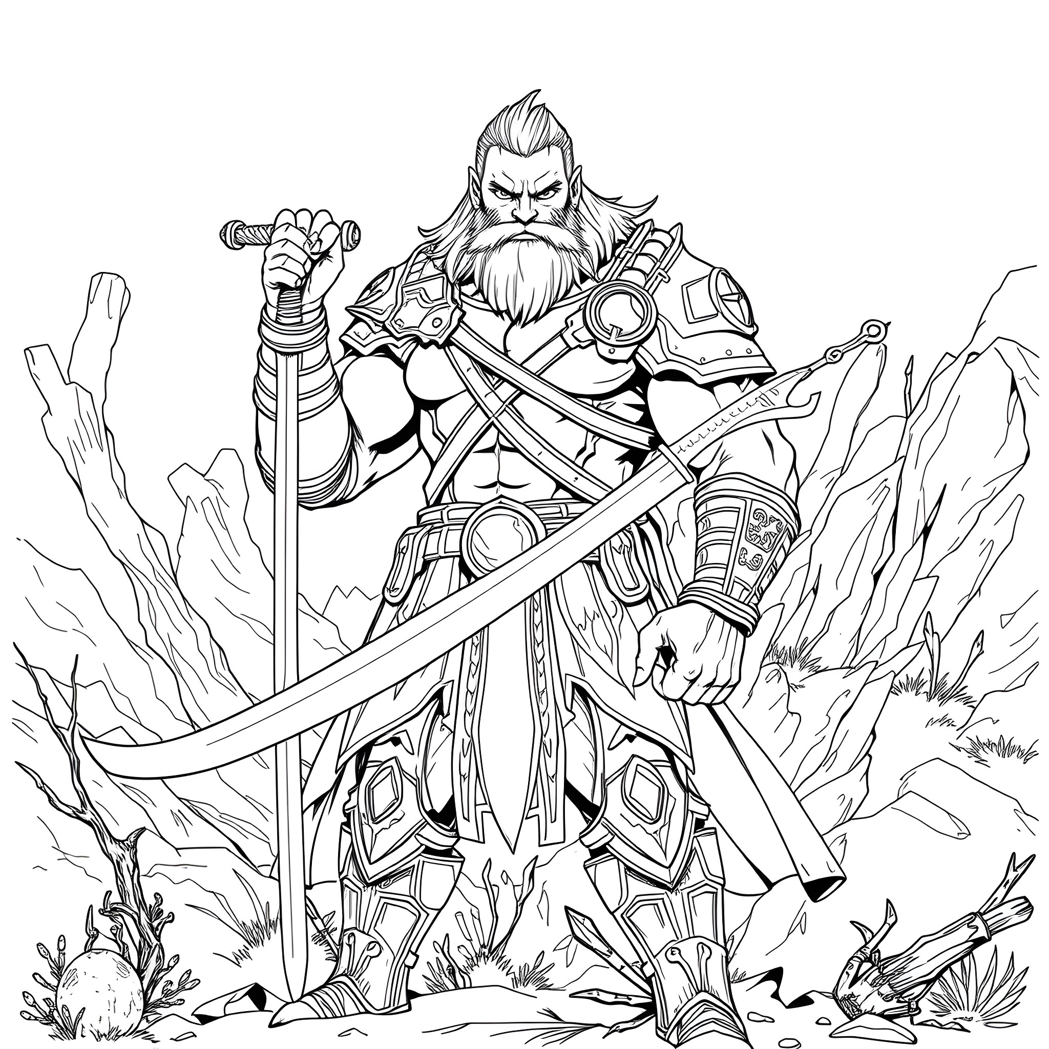 Orc warrior wielding weapons on the battlefield Coloring Page (free black-and-white line drawing printable PDF for all, from beginners to advanced learners, including children, teens, adults, and seniors)