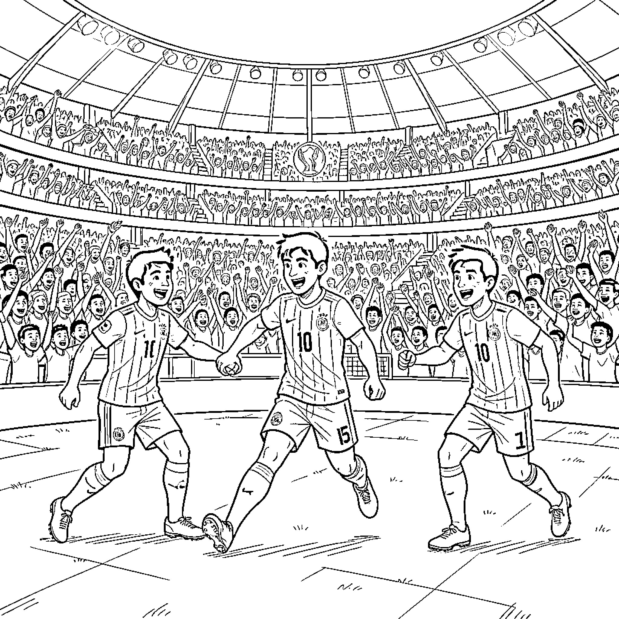 Soccer Team Celebrating Victory on the Field Coloring Page (free black-and-white line drawing printable PDF for all, from beginners to advanced learners, including children, teens, adults, and seniors)