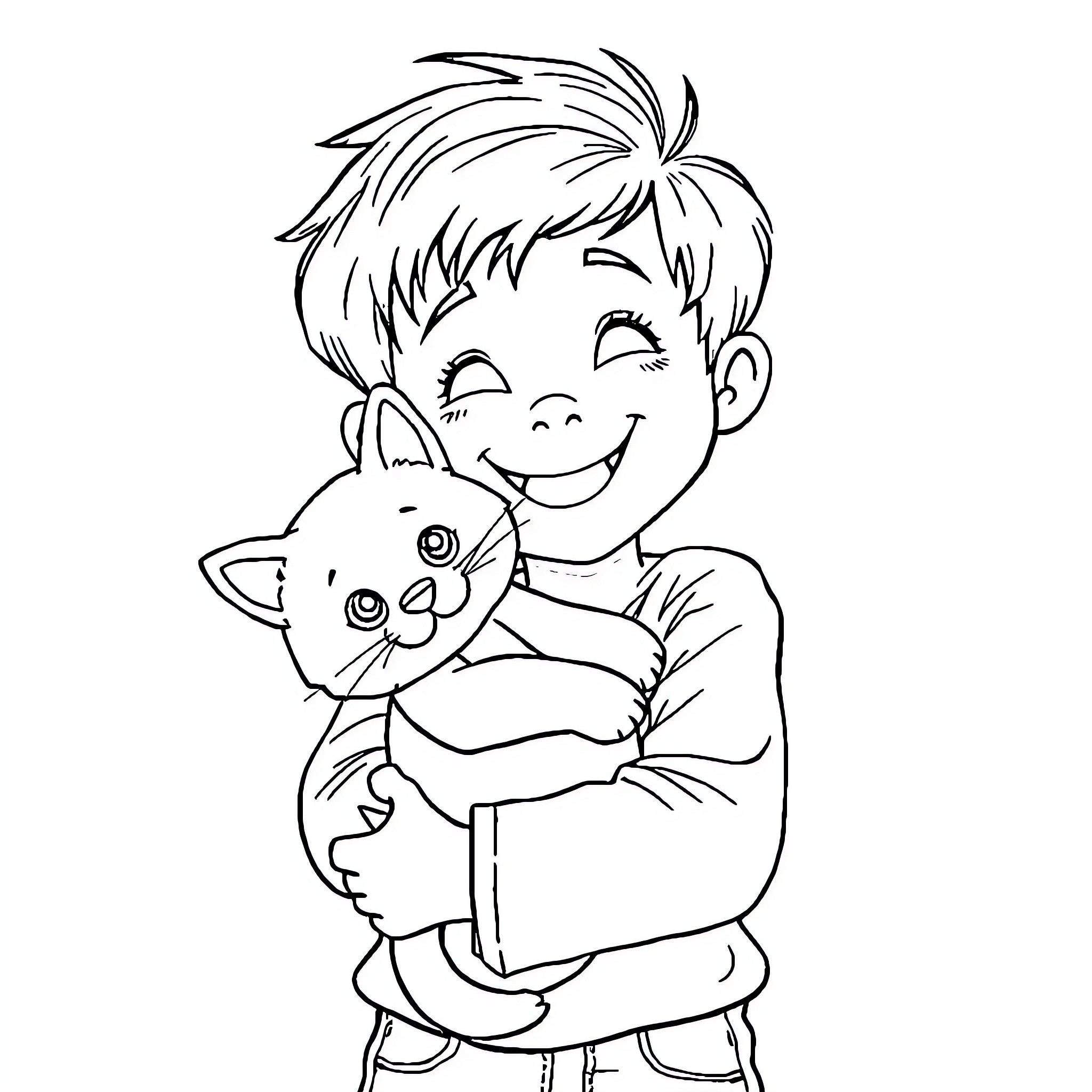 Kid cuddling happy kitten with joy Coloring Page (free black-and-white line drawing printable PDF for all, from beginners to advanced learners, including children, teens, adults, and seniors)