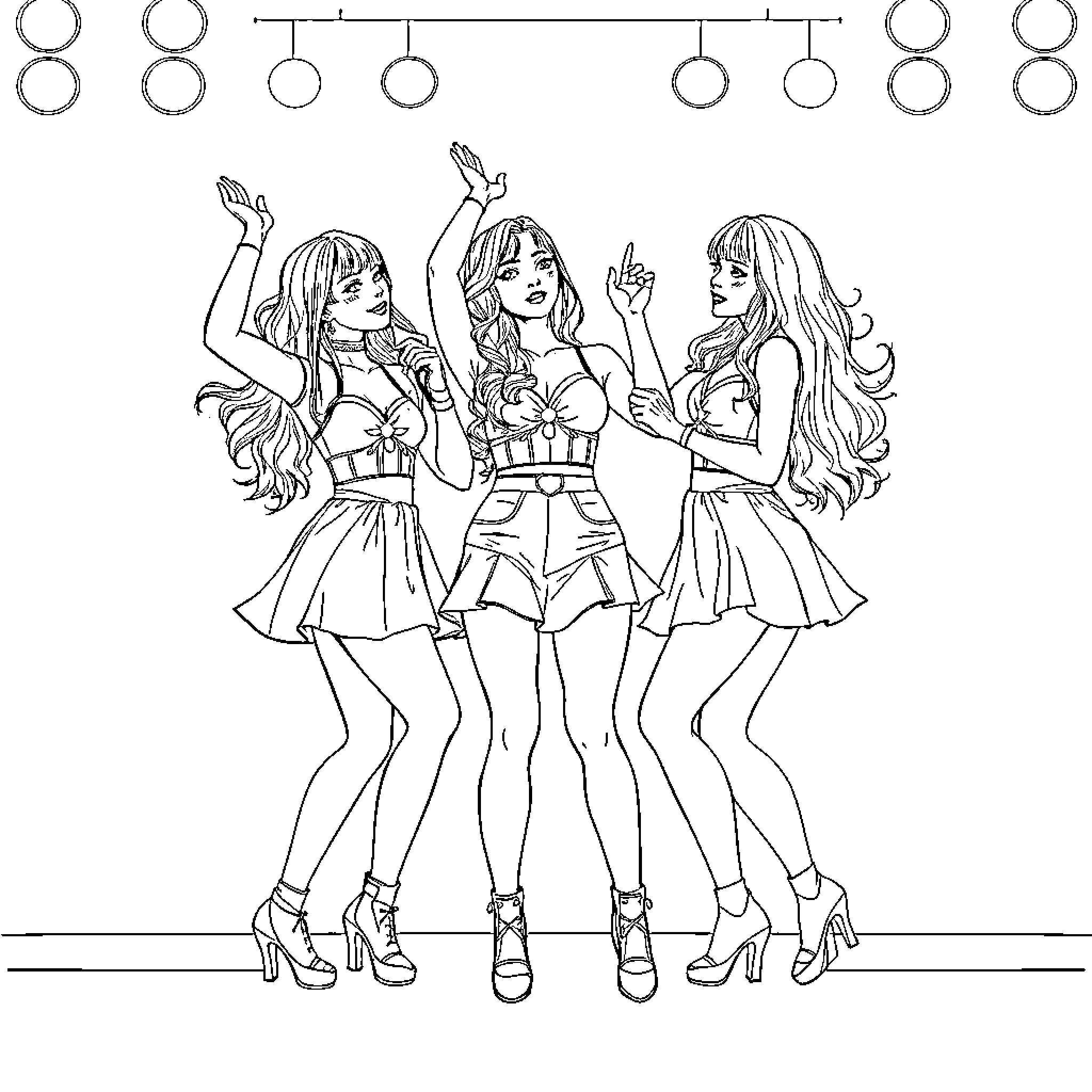 Kpop Idols Performing on Stage Coloring Page (free black-and-white line drawing printable PDF for all, from beginners to advanced learners, including children, teens, adults, and seniors)
