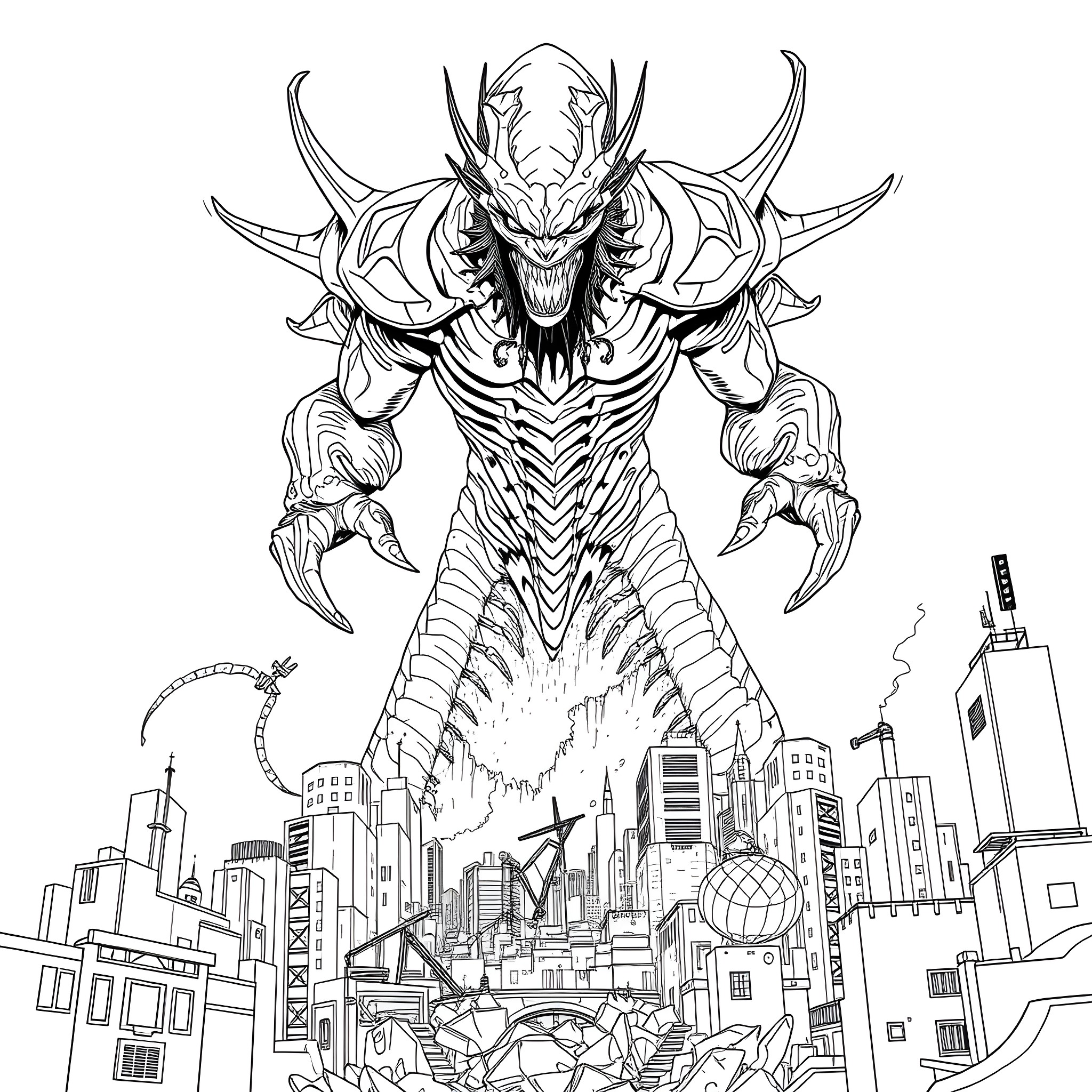 Nemesis: Monstrous entity terrorizing a city Coloring Page (free black-and-white line drawing printable PDF for all, from beginners to advanced learners, including children, teens, adults, and seniors)