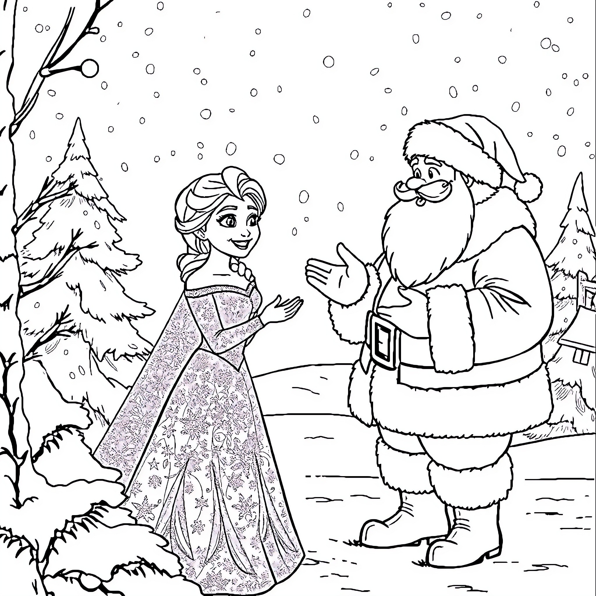 Elsa's Wintry Meeting with Santa in the Snow Coloring Page (free black-and-white line drawing printable PDF for all, from beginners to advanced learners, including children, teens, adults, and seniors)