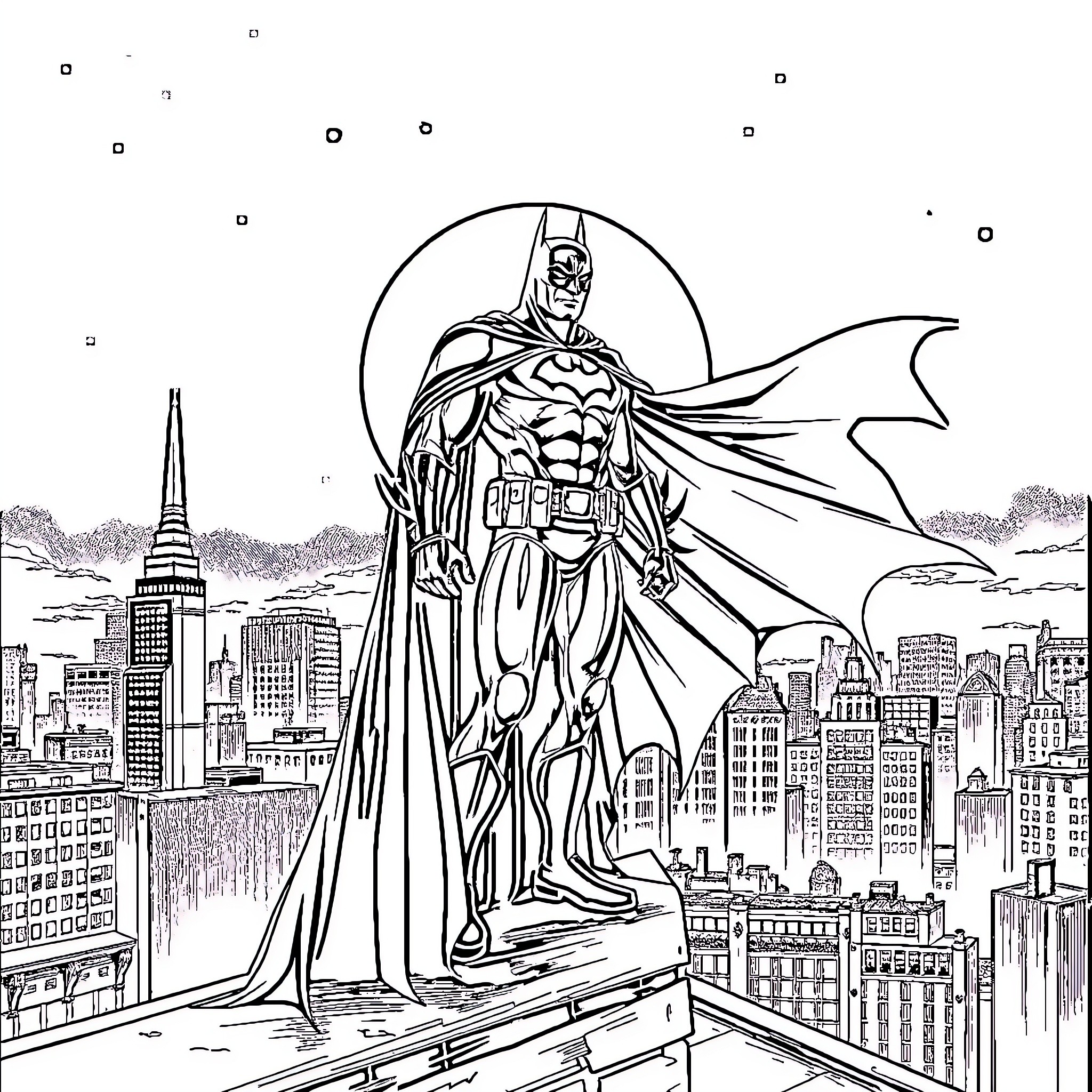 Batman heroically stands over the city Coloring Page (free black-and-white line drawing printable PDF for all, from beginners to advanced learners, including children, teens, adults, and seniors)