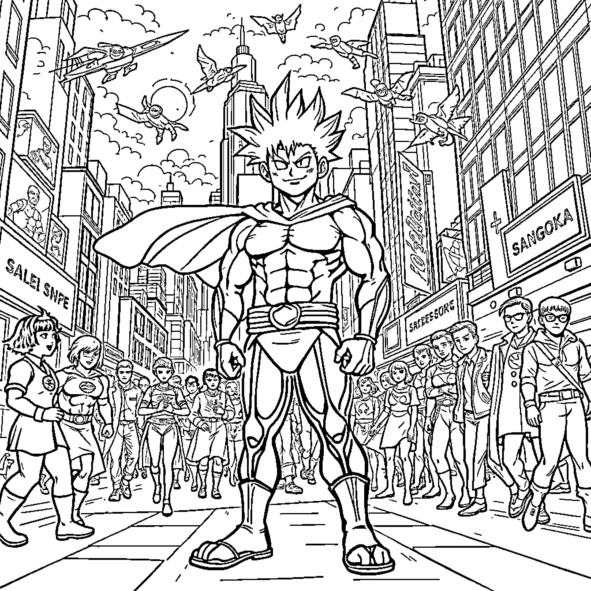Sangoku's Heroic Presence in the Bustling City Coloring Page (free black-and-white line drawing printable PDF for all, from beginners to advanced learners, including children, teens, adults, and seniors)