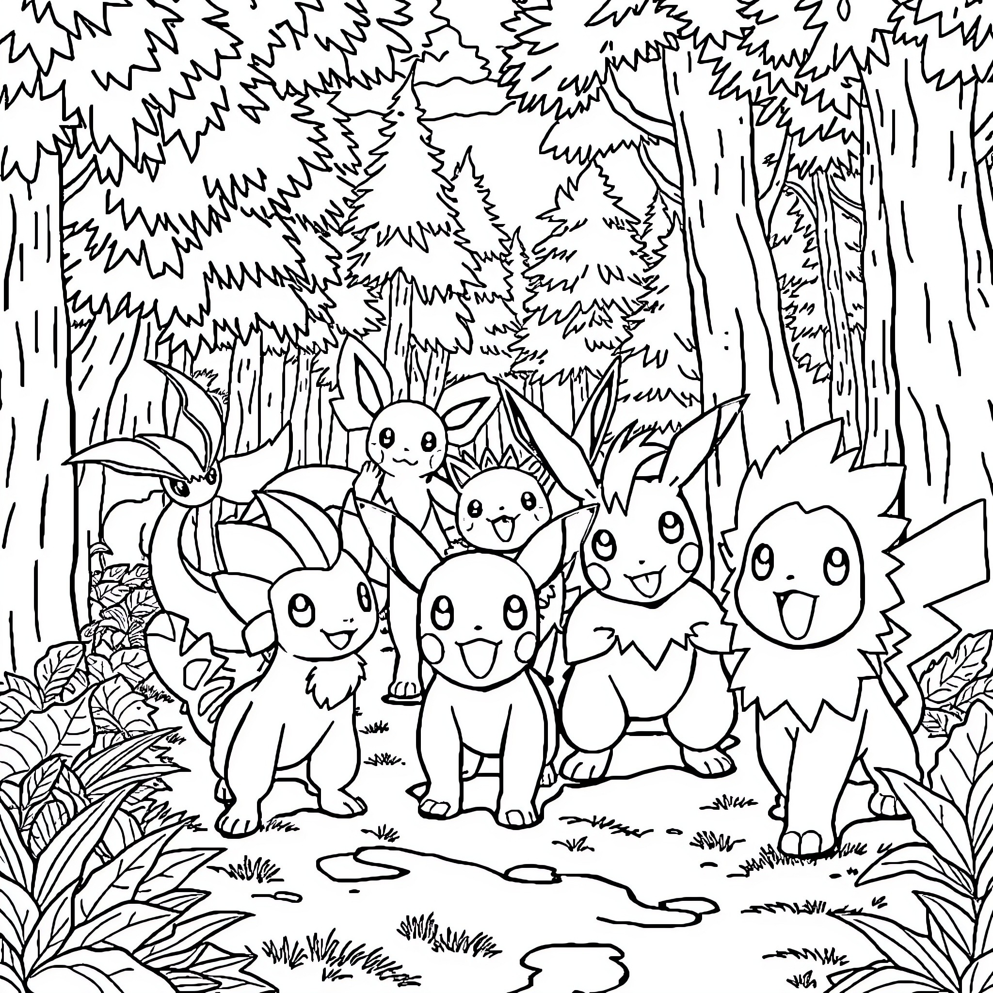 Pokémon characters exploring the forest Coloring Page (free black-and-white line drawing printable PDF for all, from beginners to advanced learners, including children, teens, adults, and seniors)